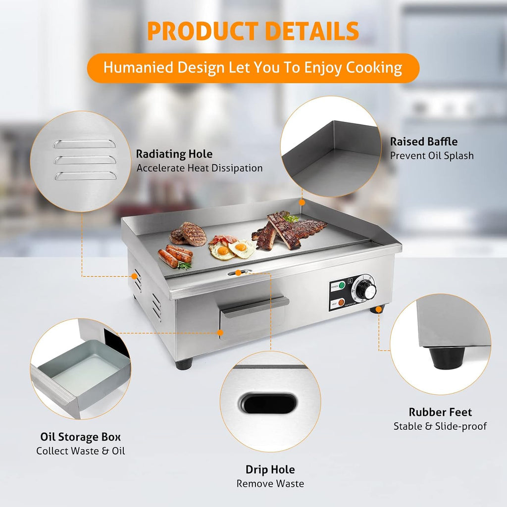 WICHEMI Commercial Electric Griddle 22' 3000W Flat Top Grill Countertop Griddle Stainless Steel Teppanyaki Grill w/Iron Cooking Plate for Restaurant Kitchen, 110V