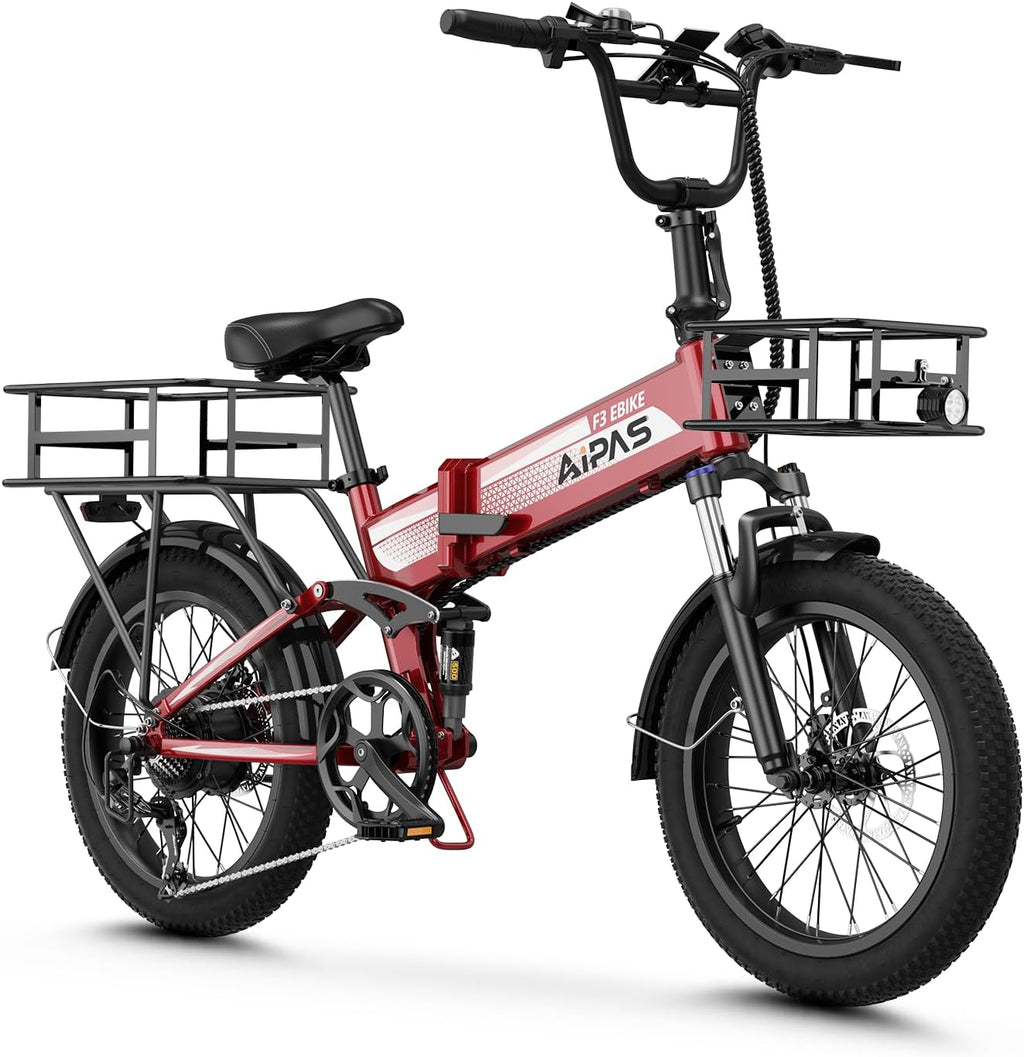 Aipas F3 Electric Bike for Adults with 1500W Motor Peak, 48V 12.8Ah Removable Battery Max 62 Miles 28MPH,20' x 3.0 Fat Tire Folding Electric Bike with 7-Speed and Full Suspension.