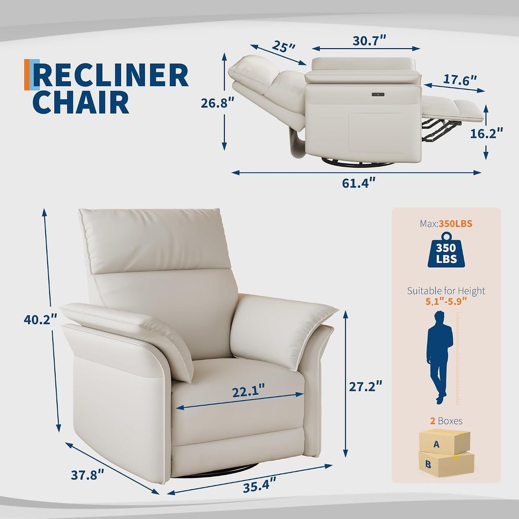 Garvee Power Recliner Glider Chair with Smooth Swivel and Rocking Motion Adjustable Recline USB Charging Port Premium Chenille Fabric and Double Armrests for Living Room and Nursery
