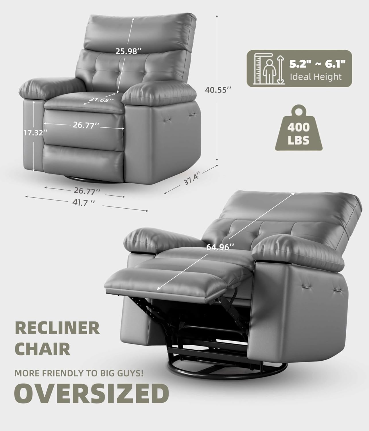 GarveeHome Oversized Power Rocker Swivel Recliner Chair - Heat and Massage, PU Leather Electric Glider Rocking Chair with USB Port, Glider Recliner Nursery Chair for Living Room, Bedroom, Nursery