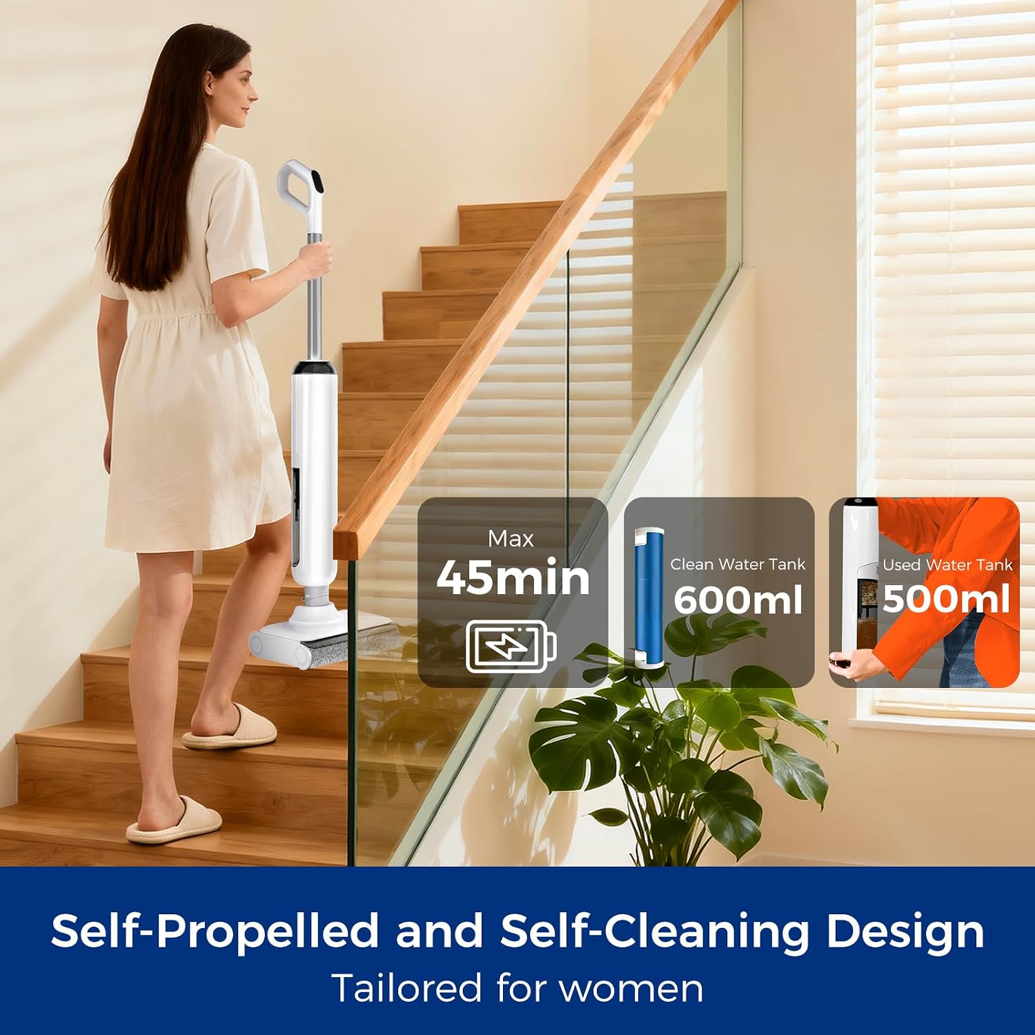 Wet Dry Vacuum Mop, 180°Lay-Flat Cordless Vacuum Mop All in One, Floor Cleaner Machine, 45 Minutes Long Runtime Electric Mop, 158℉ Self-Cleaning, Edge Cleaning, Self-Propelled Vacuum Mop Combo