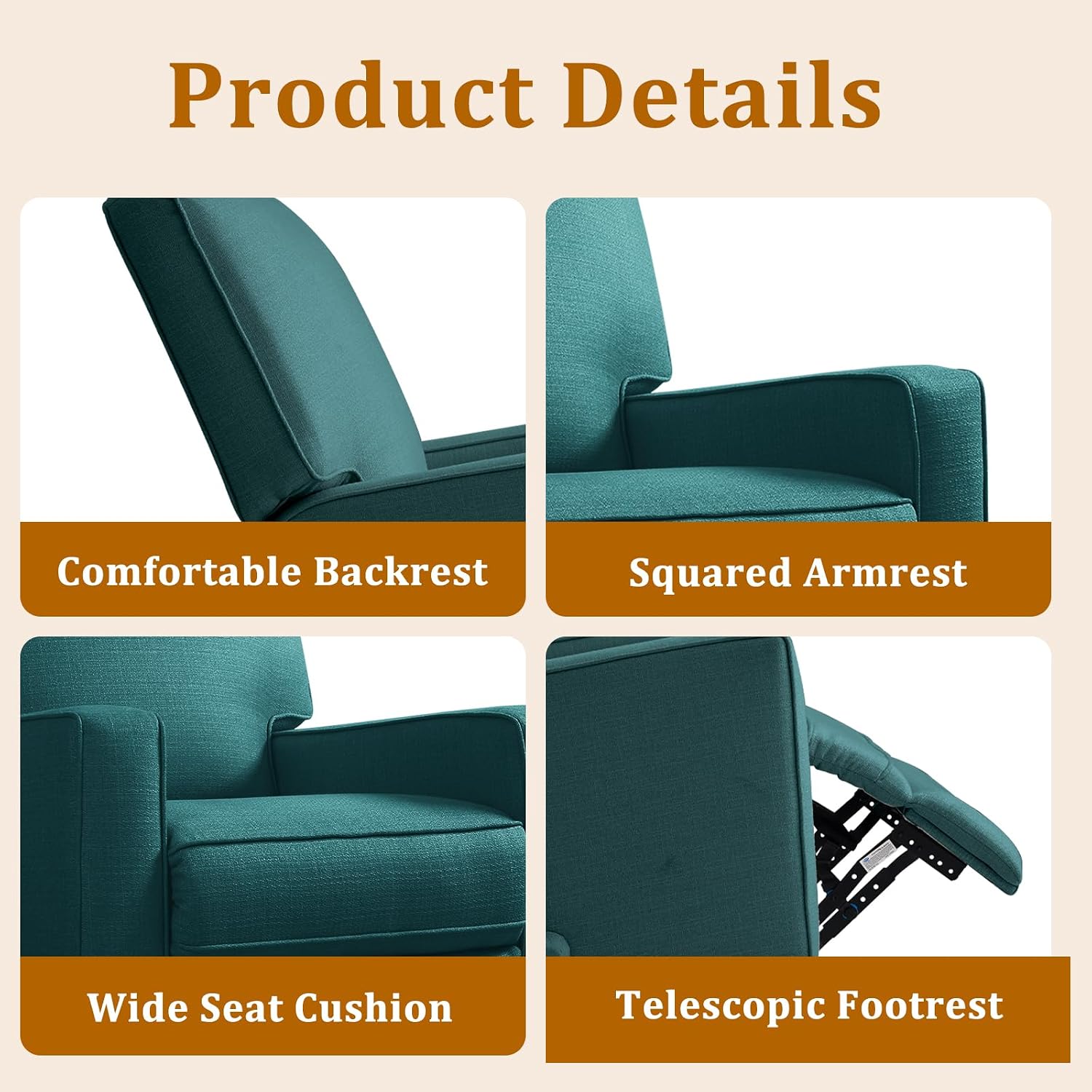 Swivel Rocker Recliner Chair for Adults, High Back Fabric Recliner with Deep Seat, Manual Glider for Living Room & Nursery, Green