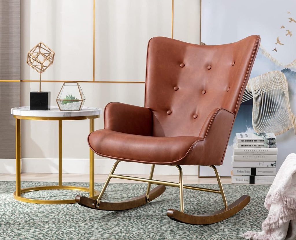 EALSON Nursery Rocking Chair Leather Upholstered Lounge Chair Tufted Wingback Accent Rocker Chair with Wooden Base Modern Comfy Armchair for Bedroom Living Room,PU Brown
