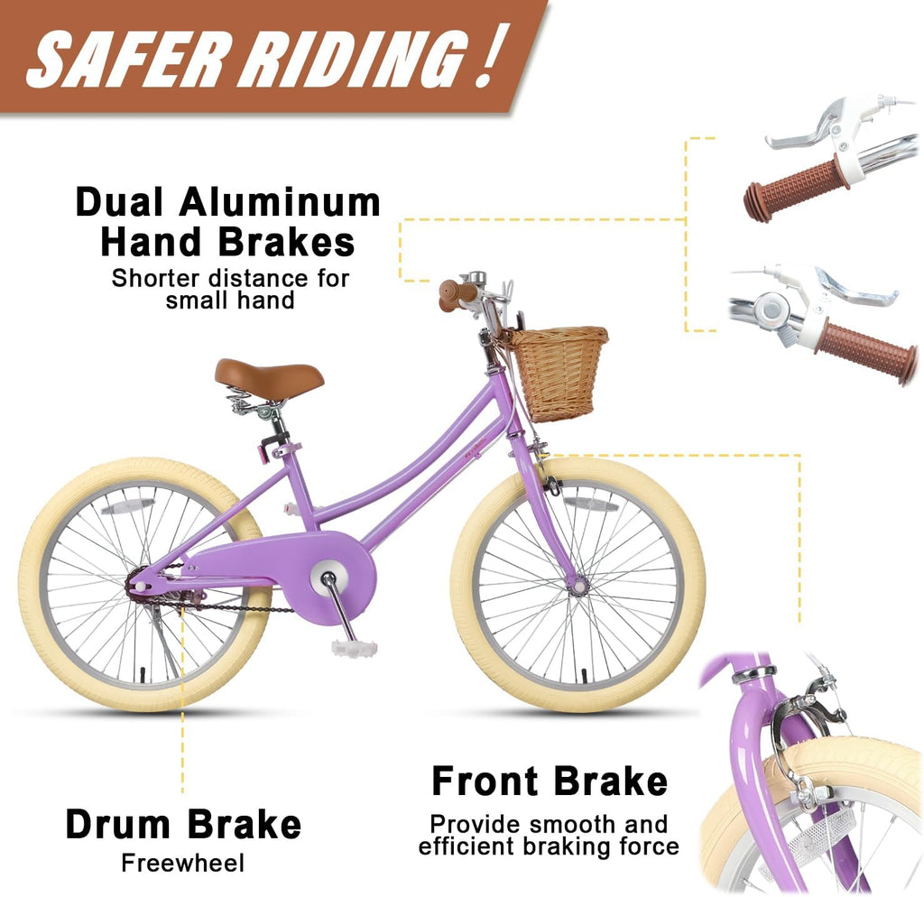 Petimini Vintage Kids Bike for Girls, 12–20 Inch Classic Bicycle with Wicker Basket & Bell, High Tensile Steel Frame, Training Wheels (12–18'), 85% Pre-Assembled, Retro Bike for Outdoor Riding