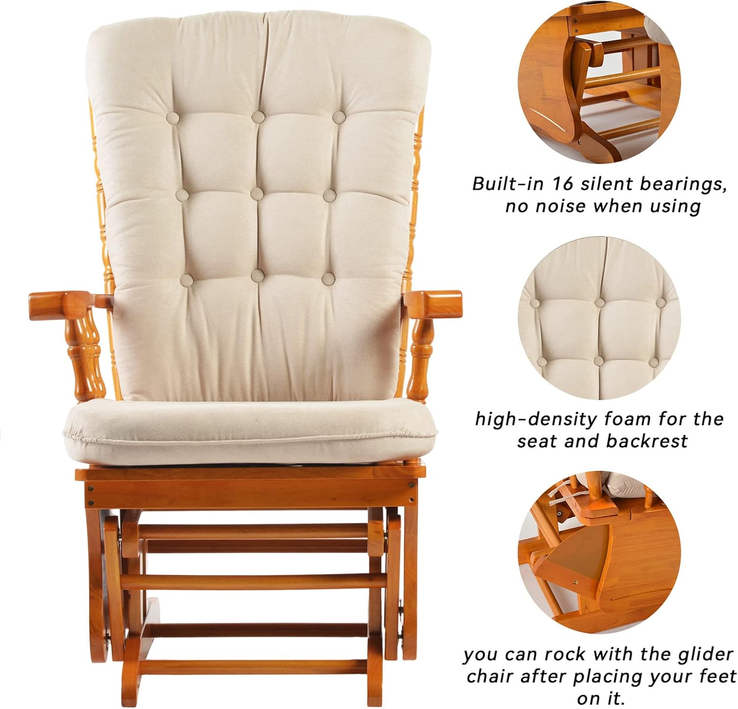 Rustic Nursery Glider Chair with Ottoman, Rubber Wood Glider Rocking Chair Set, Silent Bearings & Anti-Pinch Design, High Density Foam Cushion for Living Room Bedroom Nursing, Honey Wood Finish