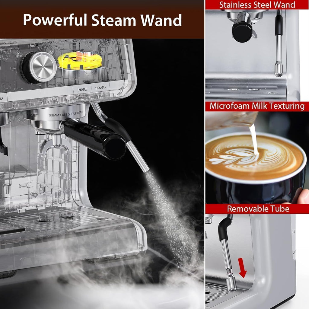 Towallmark Espresso Machine with Grinder, 20 Bar Professional Coffee Maker for Home, Milk Frother, Removable Water Tank, Steam Wand, Perfect for Espresso, Cappuccino, Latte
