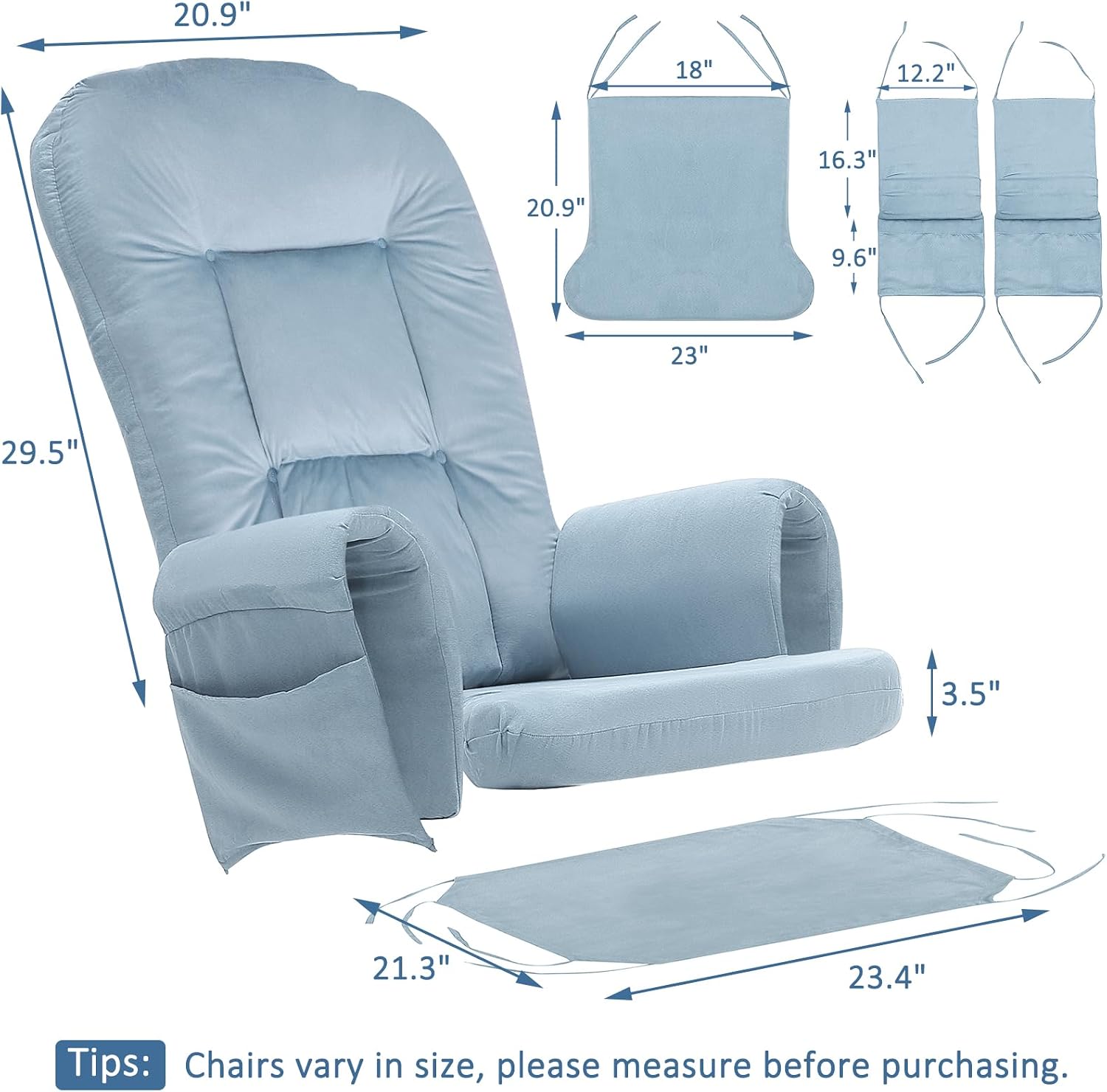 BECHAEO 5PCS Velvet Glider Rocker Replacement Cushions with Ottoman Cover Soft Thicken Rocking Chair Cushion Set for Indoor Nursery Glider Rocking Chair, Baby Blue