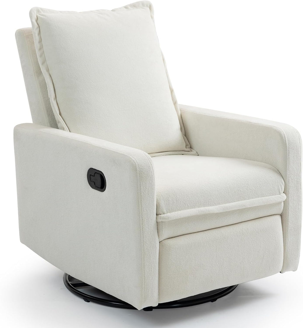 360° Swivel Rocking Chair Nursery Glider Recliner Nursery Chair Manual Swivel Rocker Recliner with High Backrest Armchair Comfy Side Modern Chair for Living Room (White)