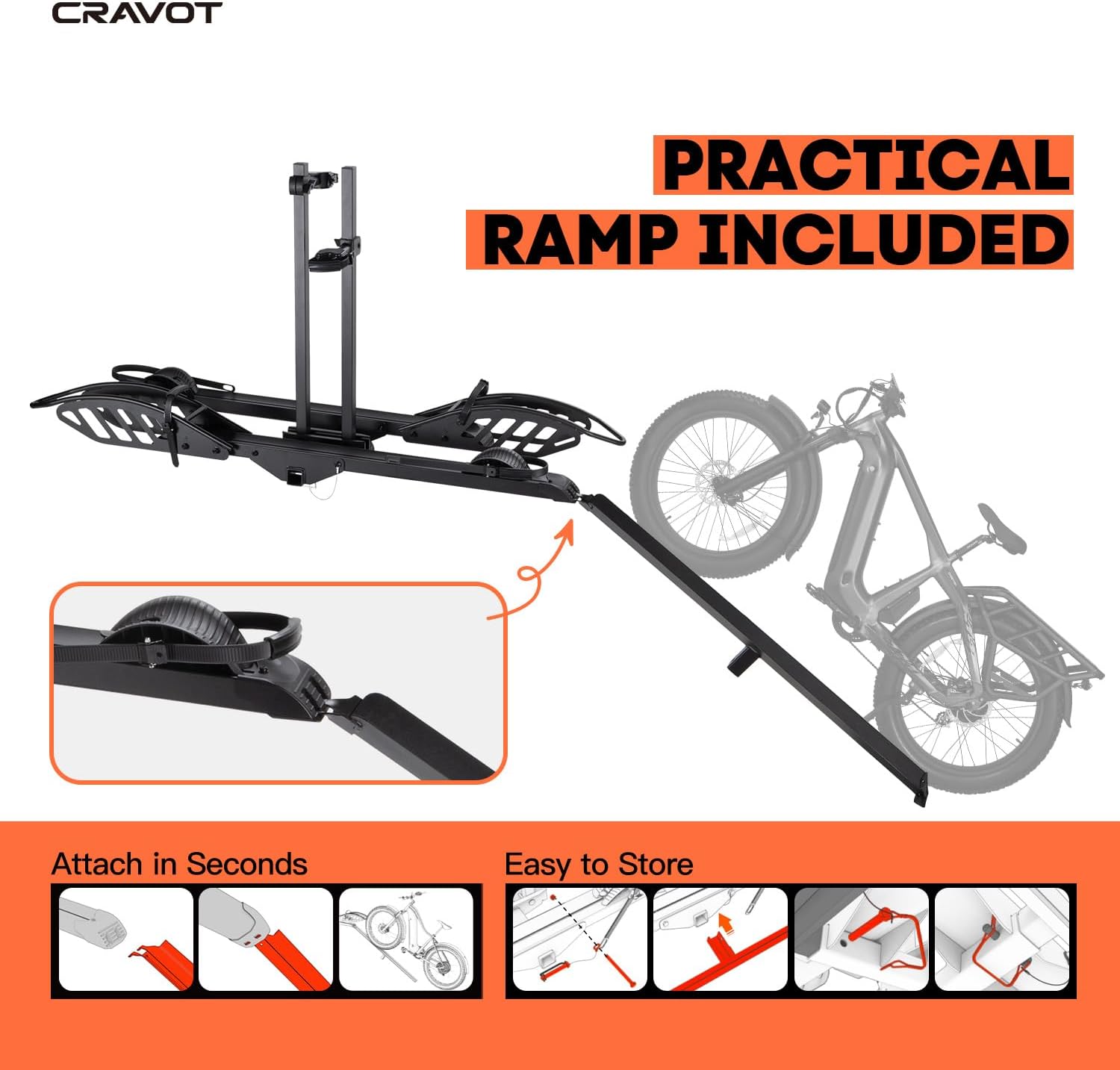 CRAVOT CyberRack E2 Hitch 2 EBike Rack with Ramp, 200 lbs Capacity Electric Bike Carrier Foldable Platform Mount, Up to 5-inch Fat Tire Bicycle for 2'' Receiver Cars Trucks SUVs Minivans RV, Trailer