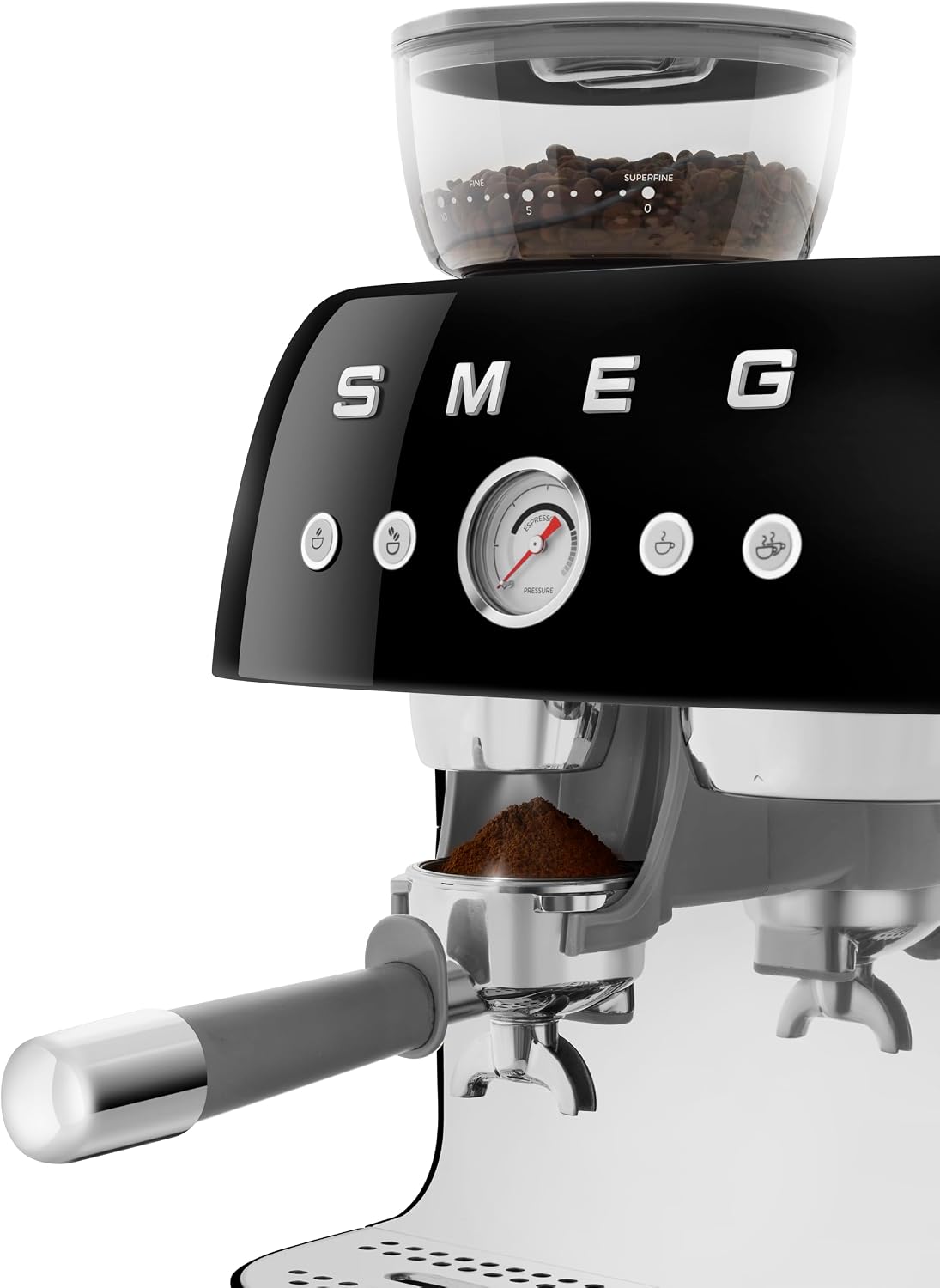 Smeg EGF03 Semi-Automatic Espresso Machine with Built-In Grinder, Dual Thermoblock, 50's Retro Style – Black (120 V)