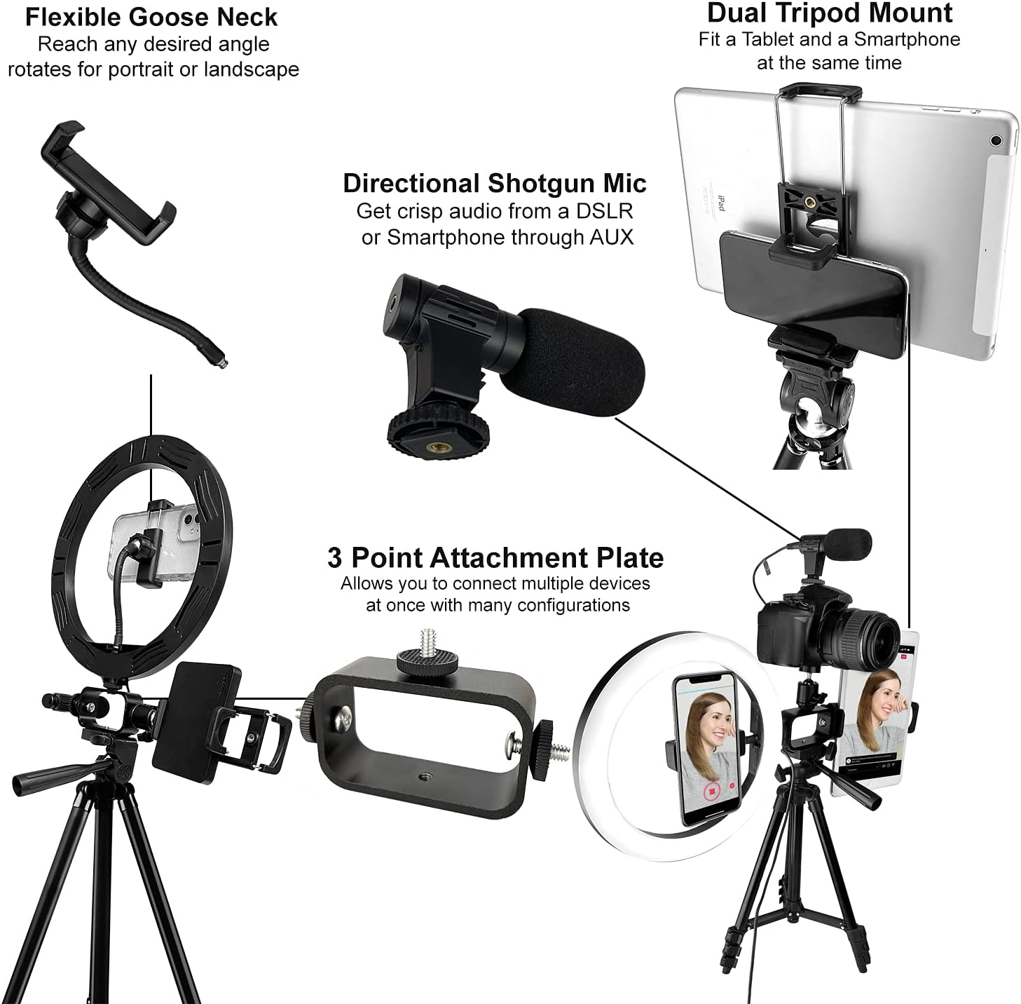 Premium 9-Piece Vlogging Kit for iPhone, Android & Cameras – Microphone, Tripod Stand & LED Light – YouTube, TikTok & Content Creator Bundle