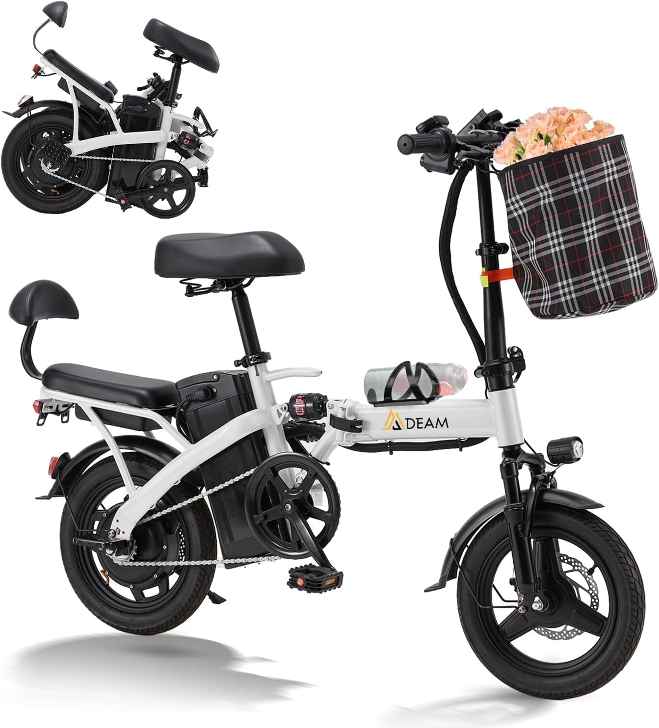 Mdeam Foldable Electric Bike,500W Motor Compact Adults Commute Ebike 20 MPH Max Speed,30+ Miles Folding Electric Bicycle with Passenger Seat,14' Mini E-Bike 2 Seater for Adults/Teens