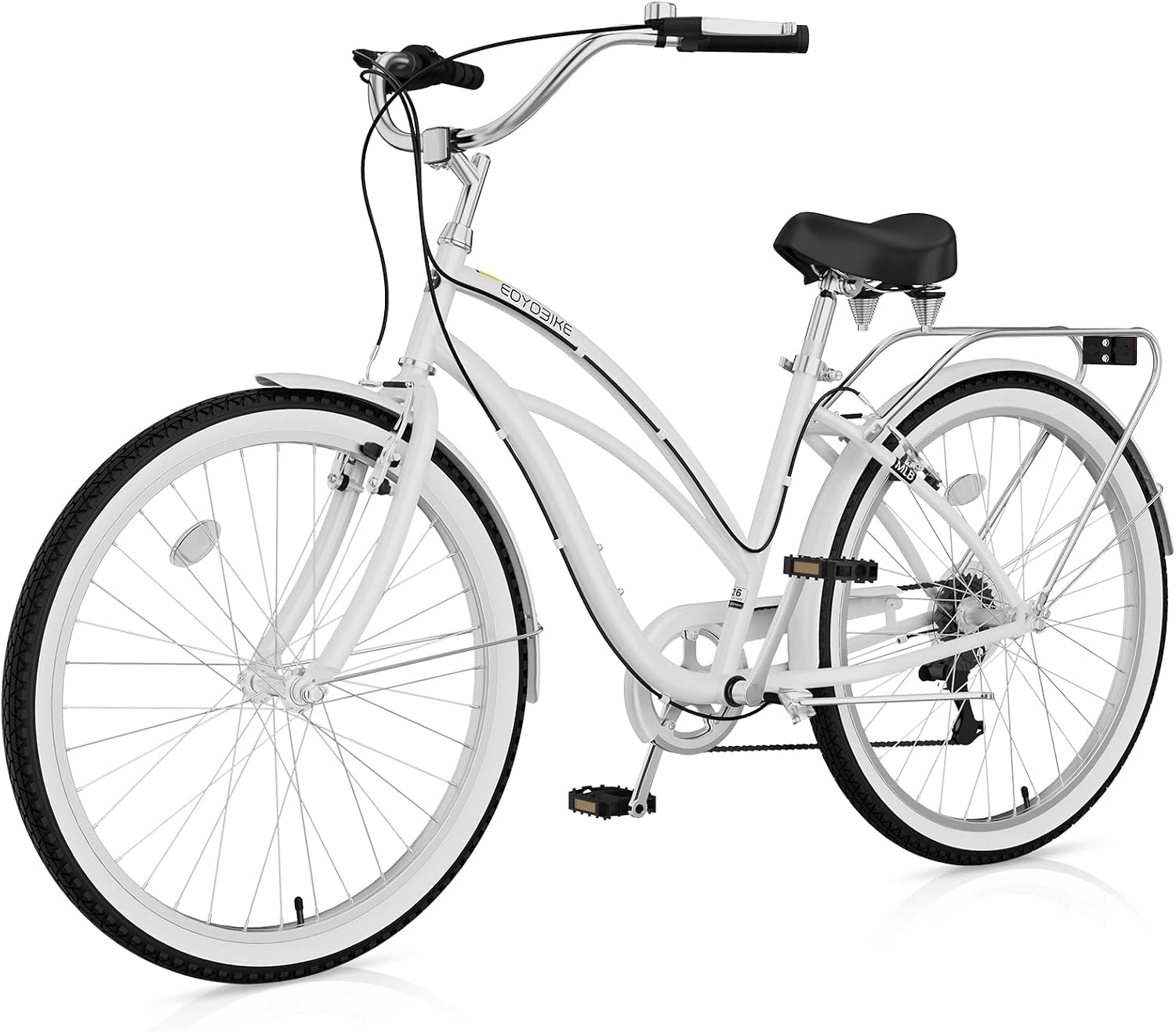 Cruiser Bike for Adults, 7-Speed Beach Cruiser Bicycle, 24/26 Inch Step-Through or High-Bar Frame, Comfort City Commuter Bike with Rear Rack, Fenders, Wide Saddle for Women & Men