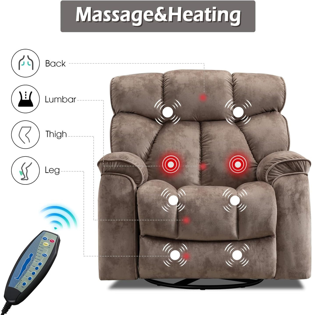 INZOY Oversized Rocker Recliner with Heat and Vibration, Manual Swivel Rocking Recliner Chair with Vibrating Massage, Comfy Padded Overstuffed Soft Fabric Heated Recliner,Camel