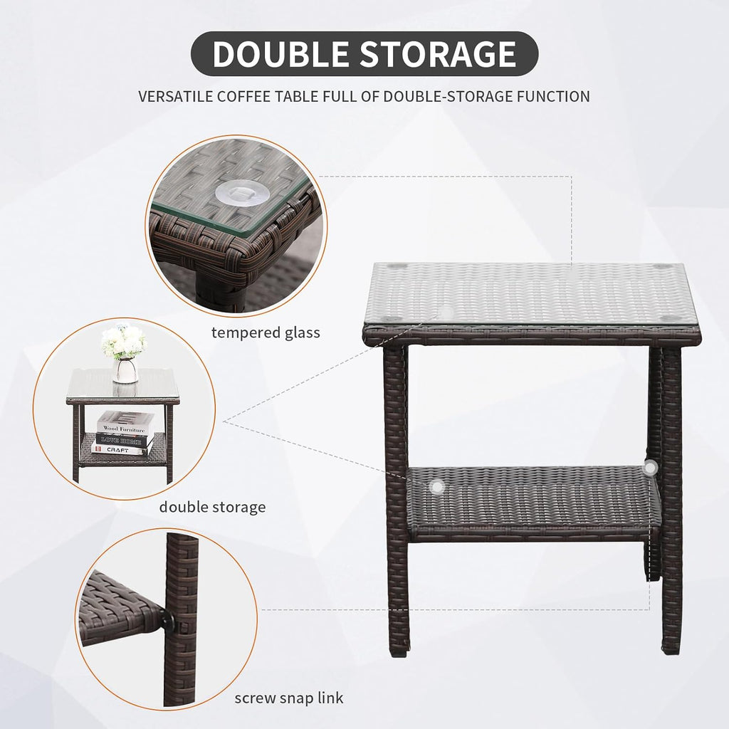 Outdoor HDPE Wicker Rocking Chair 3-Piece Patio Rattan Bistro Set 2 Rocker Armchair and Glass Coffee Side Table Furniture Washable Lacing Cushions, Khaki