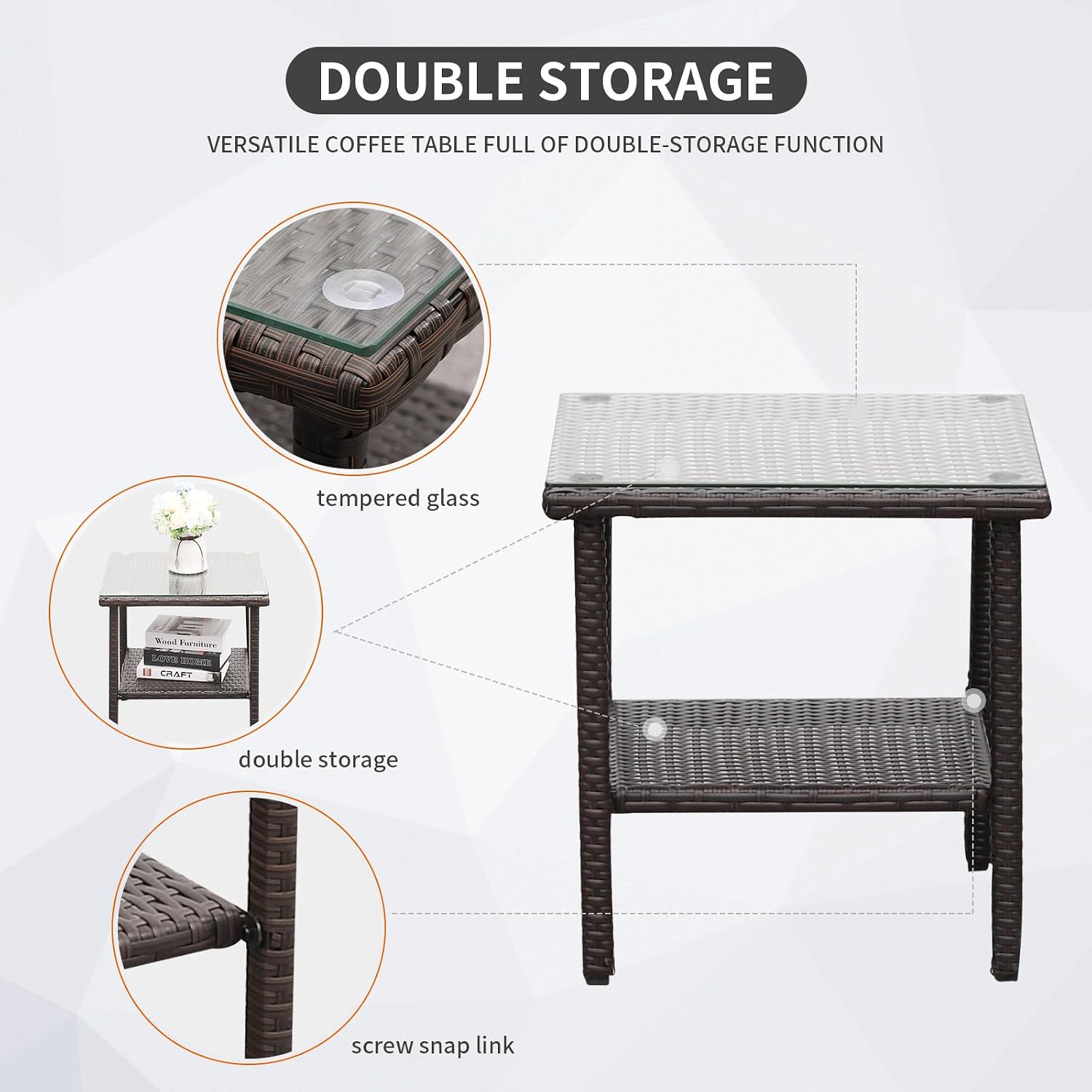 Outdoor HDPE Wicker Rocking Chair 3-Piece Patio Rattan Bistro Set 2 Rocker Armchair and Glass Coffee Side Table Furniture Washable Lacing Cushions, Khaki