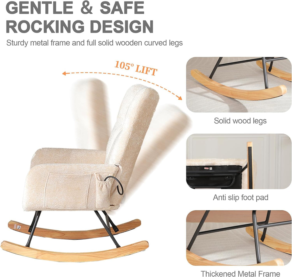 Rocking Chair Nursery with Airbag, Nursery Rocking Reading Chair Indoor, Cozy Upholstered Glider Rocker Chairs for Living Room Bedroom Offices, Sillas Mecedoras(Chenille, Beige)