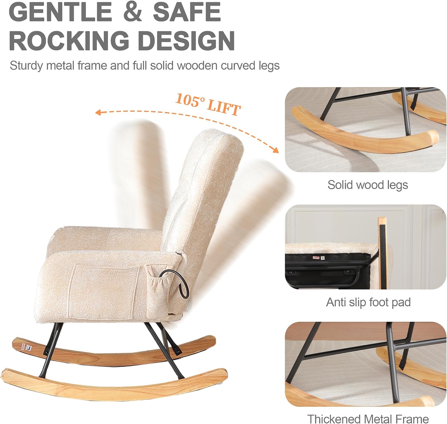 Rocking Chair Nursery with Airbag, Nursery Rocking Reading Chair Indoor, Cozy Upholstered Glider Rocker Chairs for Living Room Bedroom Offices, Sillas Mecedoras(Chenille, Beige)