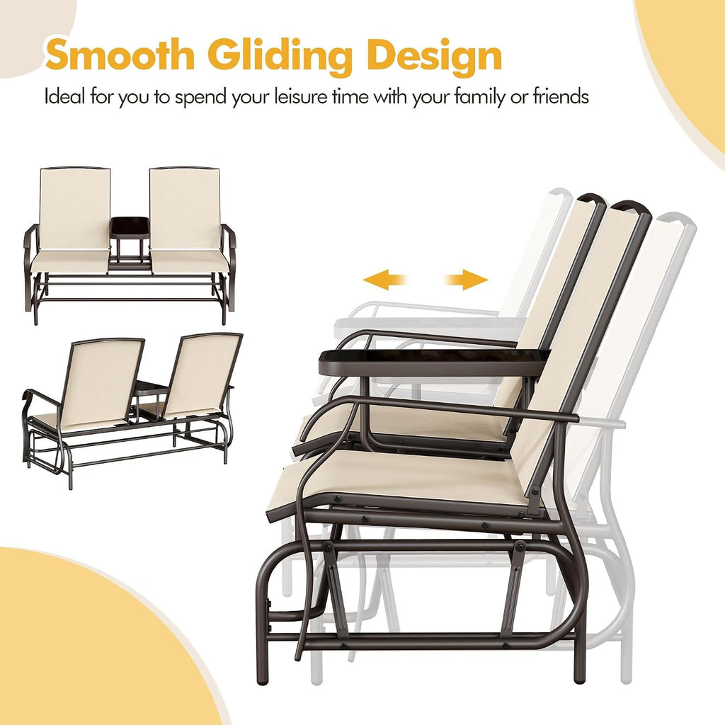 Yaheetech 2-Seat Outdoor Glider with Center Table, Patio Rocking Loveseat with Breathable Mesh Sturdy Metal Frame for Garden Pool Lawn, Beige