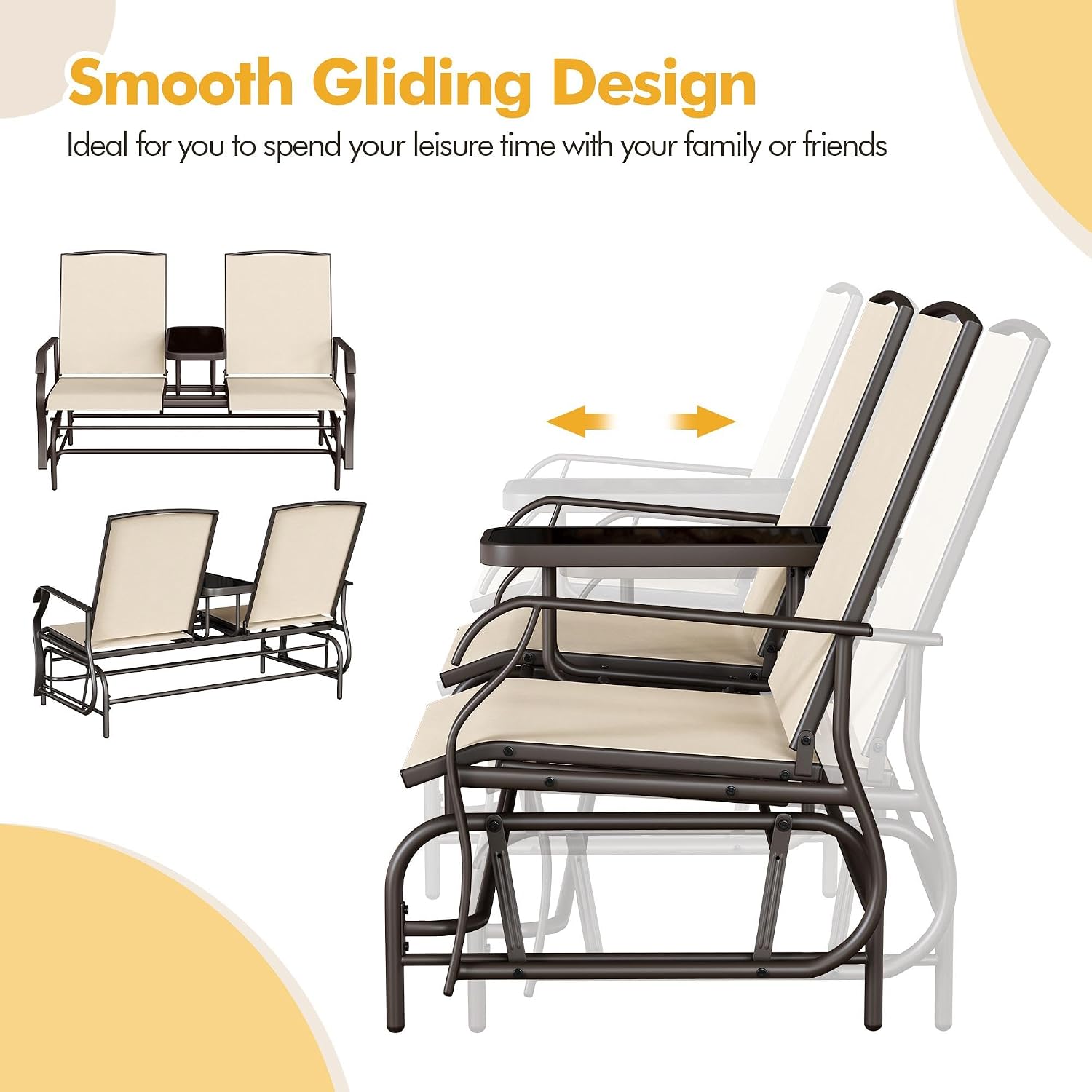 Yaheetech 2-Seat Outdoor Glider with Center Table, Patio Rocking Loveseat with Breathable Mesh Sturdy Metal Frame for Garden Pool Lawn, Beige