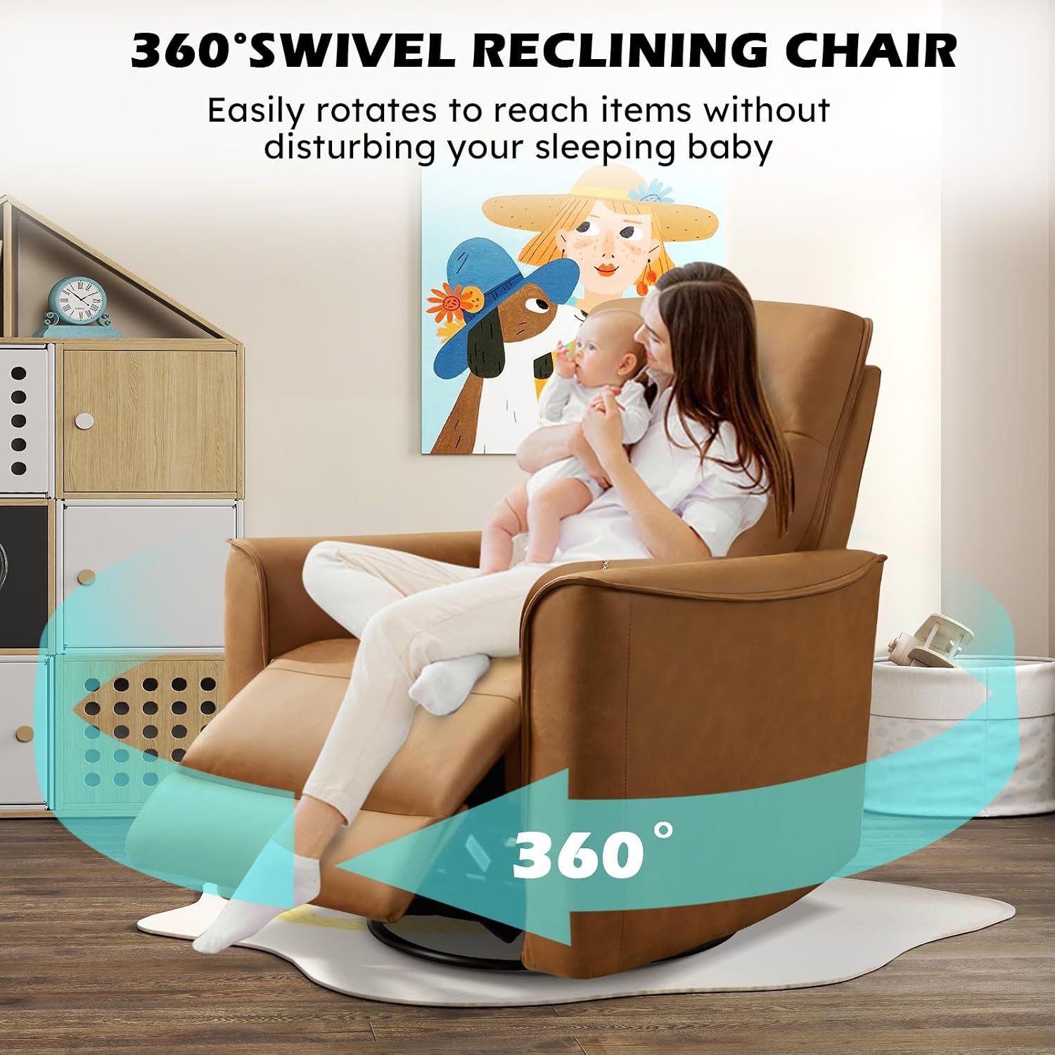 ANJ Manual Swivel Rocker Recliner, Glider Recliners with Padded Armrest and Backrest, Soft Faux Leather Nursery Rocking Recliner Chair Reclining Sofa for Living Room