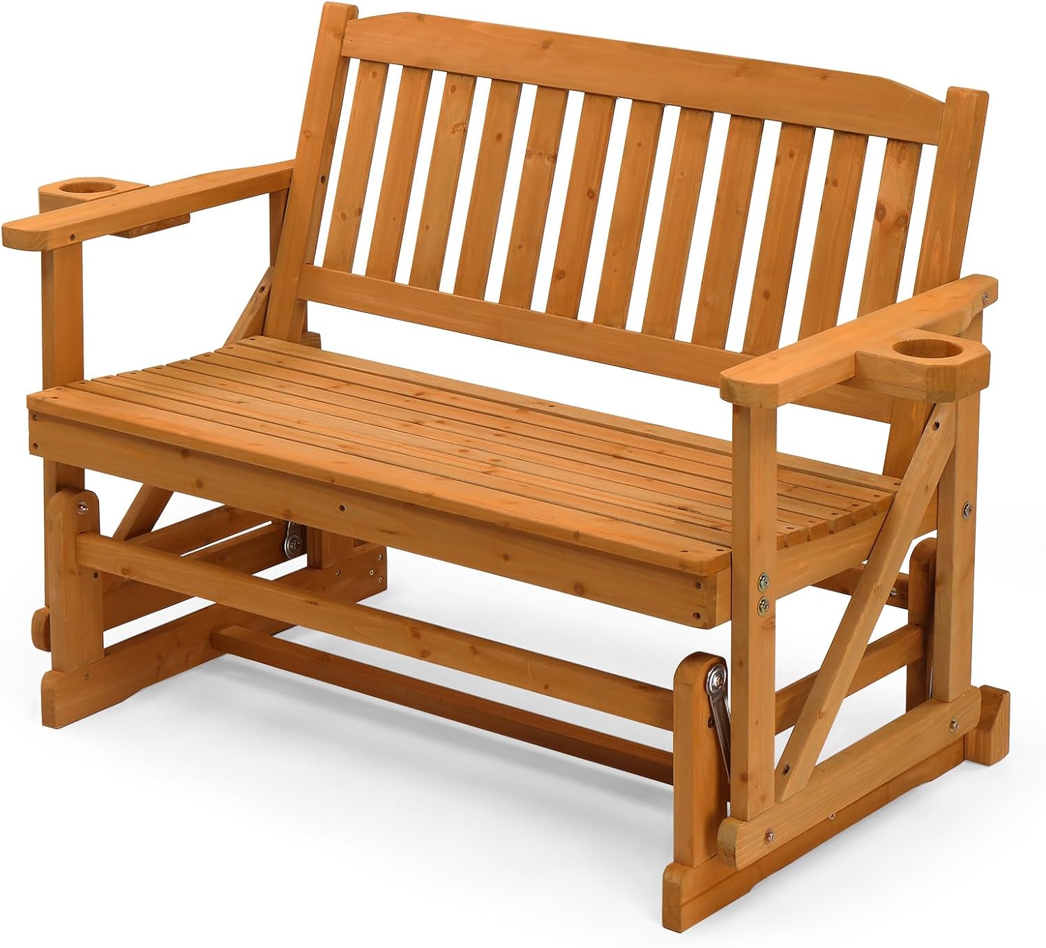 VINGLI 2-Person Outdoor Glider Bench, Patio Glider with Cup Holders, Outdoor Rocking Chair Loveseat for Backyard Garden Porch, Teak