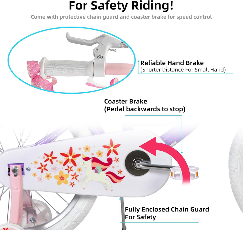JOYSTAR Unicorn Kids Bike for Girls Ages 2-9 Years Old, 12 14 16 18 Inch Kids Bike with Training Wheels, Doll Seat, Streamers and Basket, Toddler Girl Bicycle, Multiple Colors