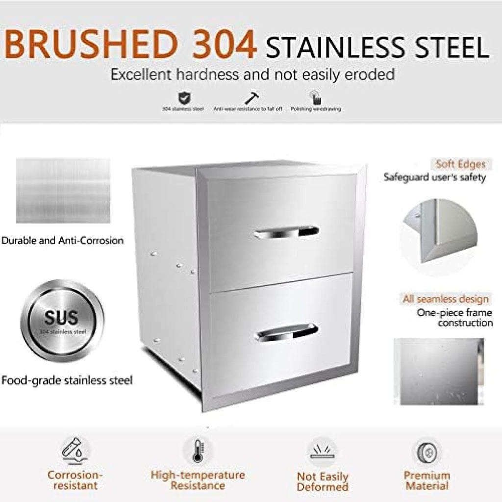 Stainless Steel Double Drawers for Outdoor Kitchen Grilling Station - 18Wx23Dx23H