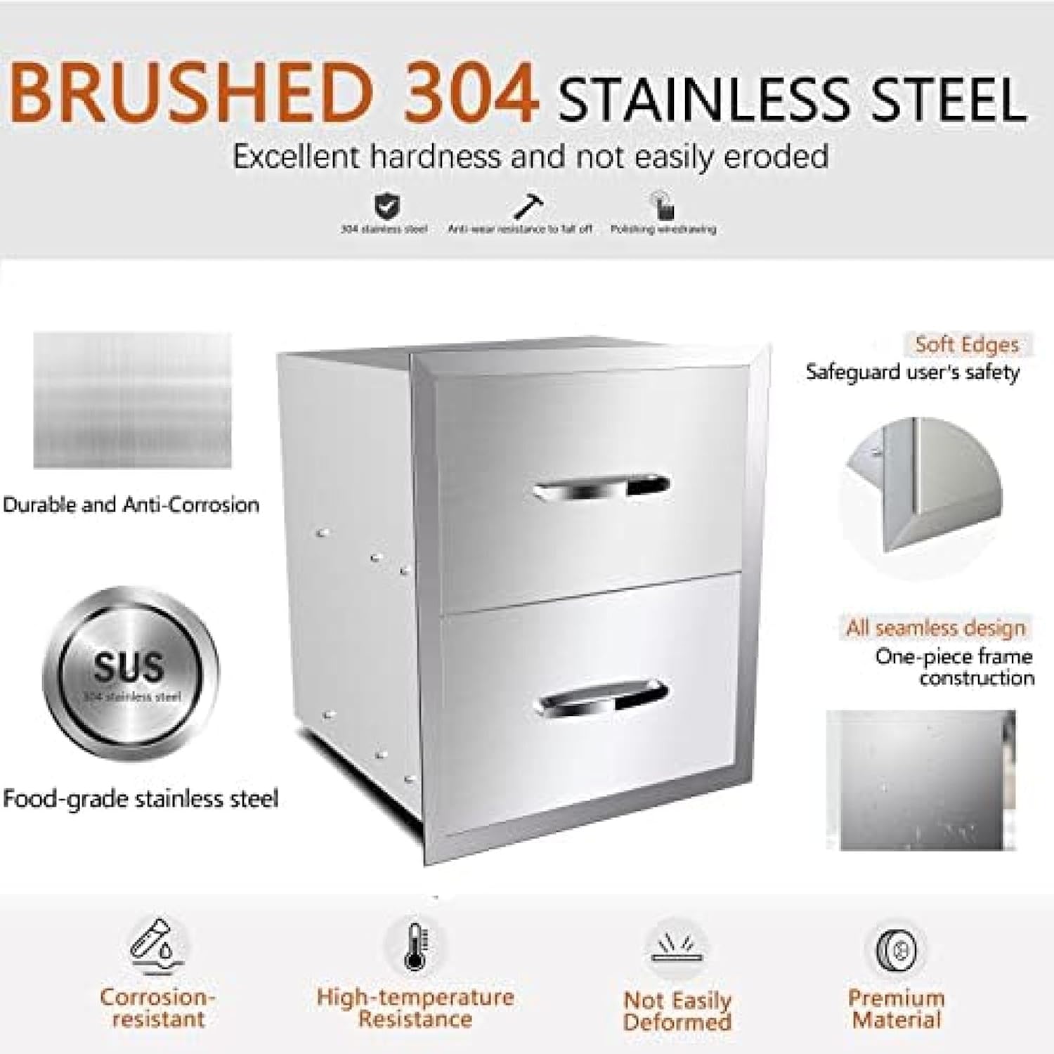 Stainless Steel Double Drawers for Outdoor Kitchen Grilling Station - 18Wx23Dx23H