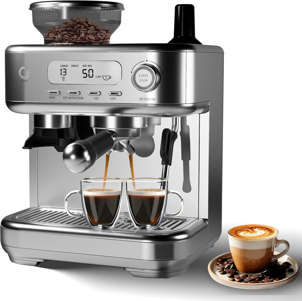 GarveeHome Semi-Automatic Espresso Machine, Coffee Machine with Grinder and Steam Milk Frother, LCD Smart Screen Espresso Maker with 78 oz Removable Water Tank for Cappuccinos and Lattes