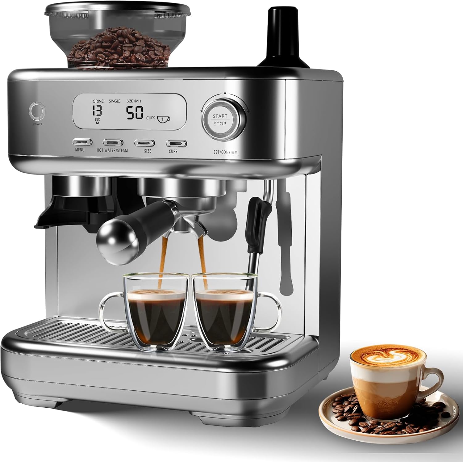 GarveeHome Semi-Automatic Espresso Machine, Coffee Machine with Grinder and Steam Milk Frother, LCD Smart Screen Espresso Maker with 78 oz Removable Water Tank for Cappuccinos and Lattes