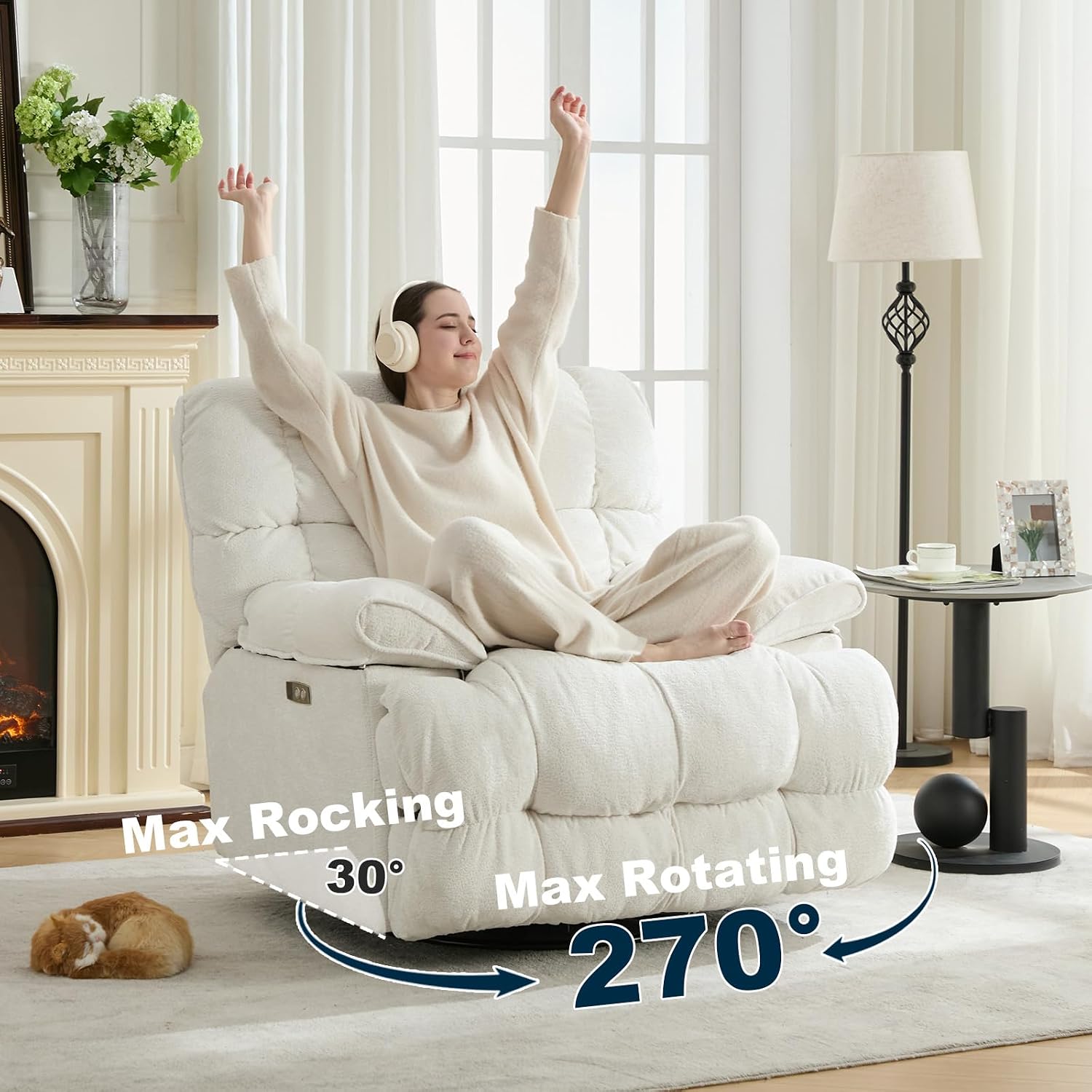 GINGO Power Oversized Recliner Chair, Extra Wide Swivel Rocking Recliner Chair, Breathable Soft Fabric Modern Single Sofa for Living Room, 90°-140° Electric Adjustable Angle, USB & Type-C Port, White