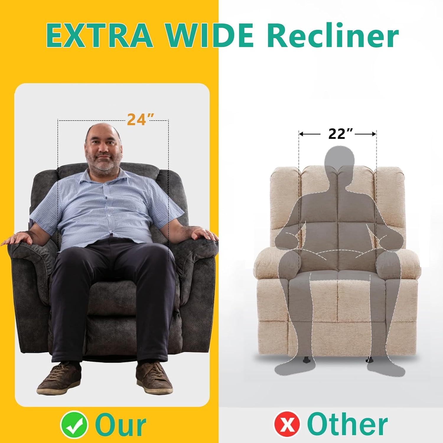 ANJ Rocking Recliner Chair Oversized Swivel Rocker Recliners, Comfy Glider Rocking Chairs for Big Man, Extra Wide Recliners Overstuffed Reclining Chair for Living Room, Grey