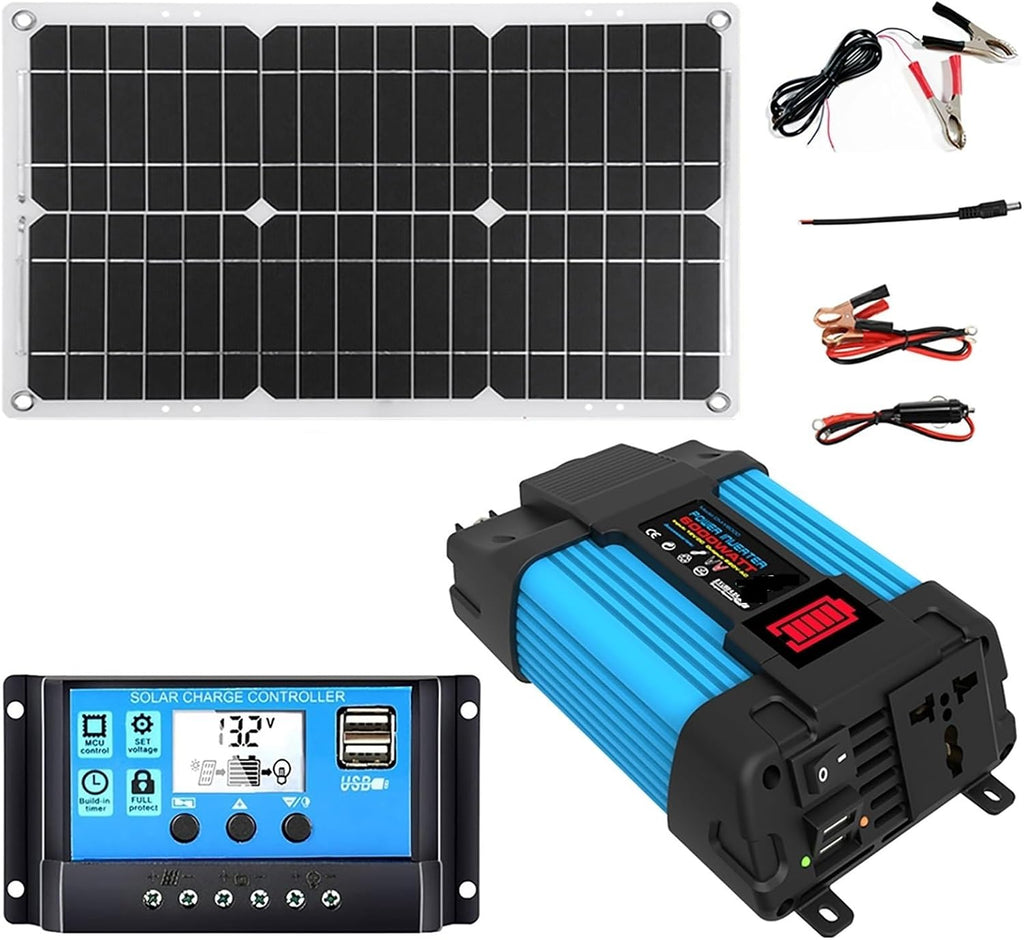 6000W 12V to 110V/220V Solar System Combination Inverter Solar Panel Kit Solar Generator Home Grid System 30A Controller + 18w18v Solar Panel(12V-220V)