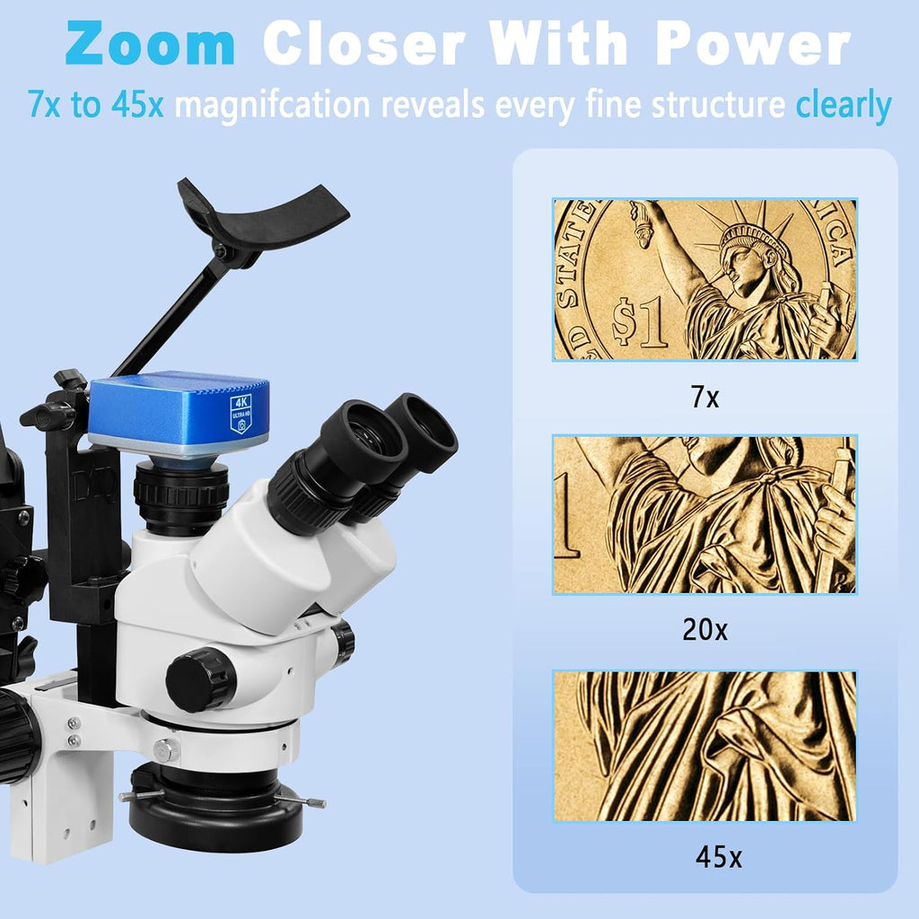 DZQ Jewelry Trinocular Microscope with Camera, 7X-45X Magnification with Multi-Directional Stand 0.5X Barlow Lens & Camera Eyepiece, 60 Ring Light Illuminator, Jewelers Microscope for Engraving Making