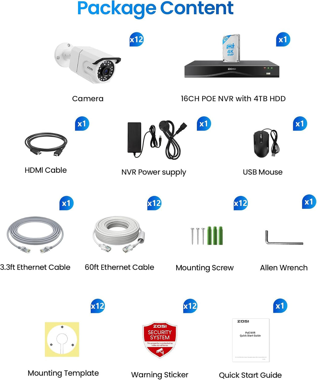 ZOSI 32CH 4K PoE Security Camera System, 12pcs 8MP Outdoor Indoor Cameras with Audio, Person/Vehicle Detection, Dual Disk Backup, H.265+ 16Port 32-Channel NVR with 4TB HDD for Business 24/7 Recording