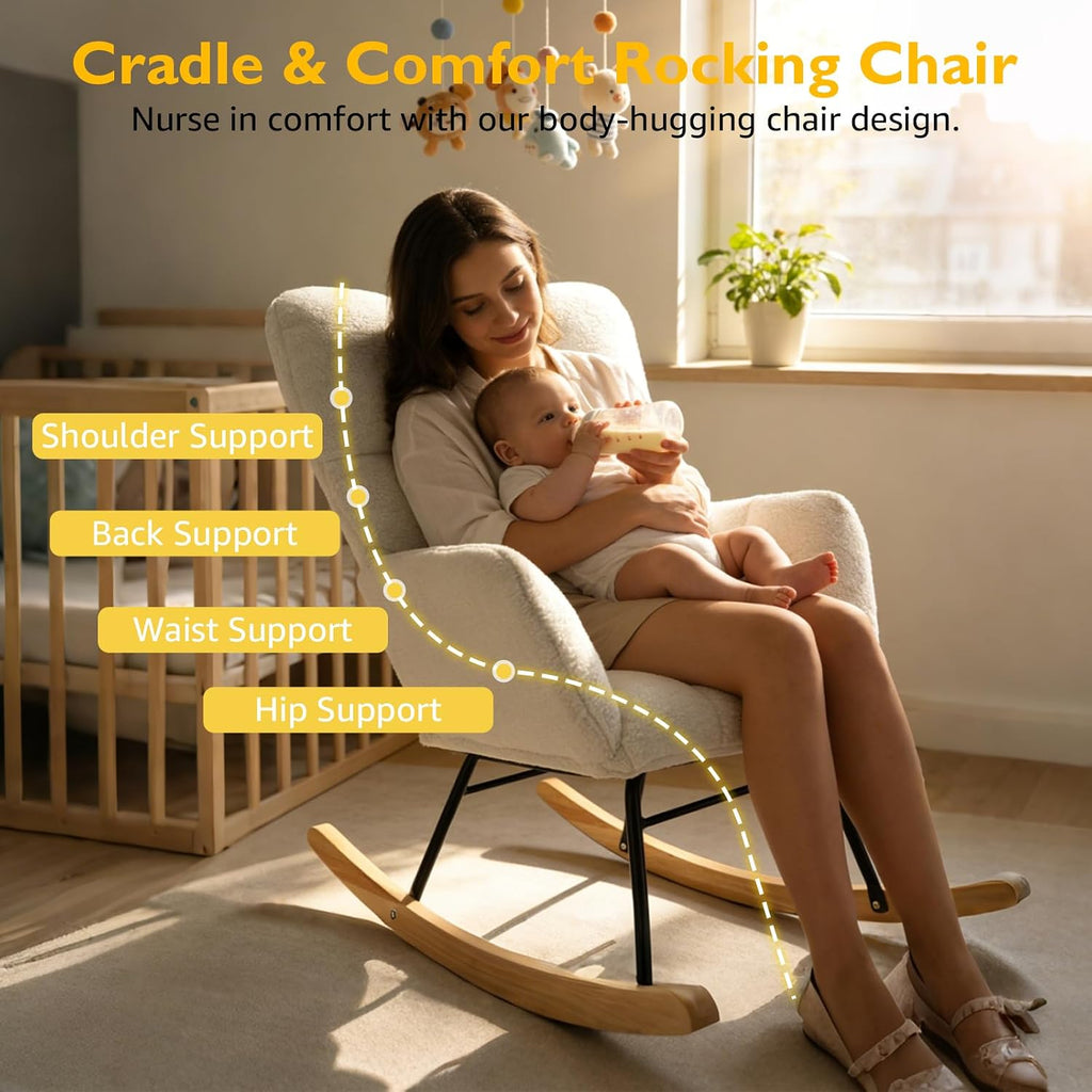 Teddy Glider Rocker Chair, Upholstered Rocking Chair for Nursery, Accent Chair with Headrest/Side Pocket, Comfy Baby Rocker Armchair & Adult Rocking Chair (Teddy, White Without Headrest, Single)