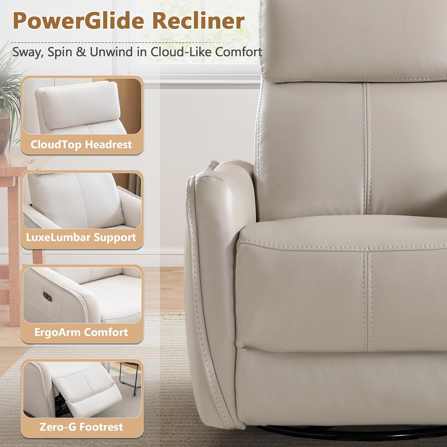 ANJ Power Swivel Rocker Recliner Chair,Nursery Rocking Chairs with USB & Type C Port,Upholstered Faux Leather Glider Rocking Chair for Living Room, Silver Gray