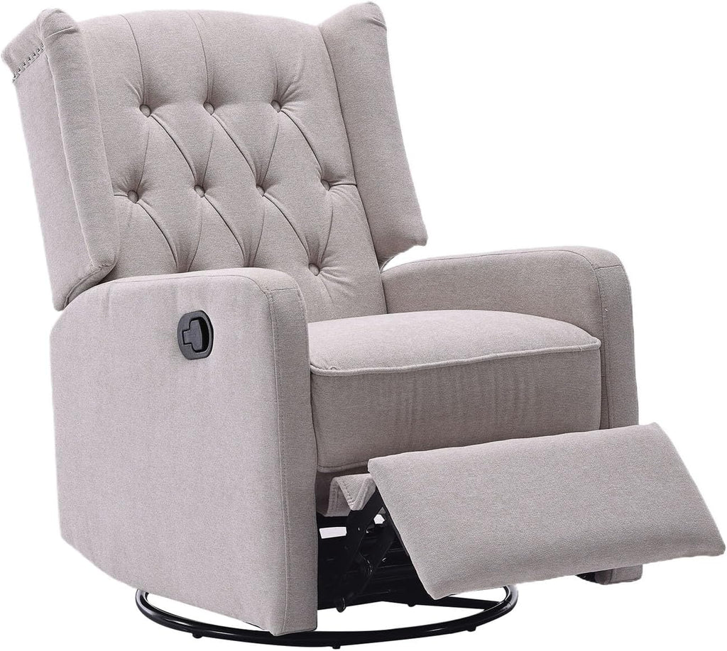 HRVEOCEI Glider Recliner Nursery Chair, Cozy Linen Rocking Chair Nursery Recliner with Adjustable Button Backrest and Footrest, Swivel Recliner Chair for Living Room, Bedroom, Office (Beige)