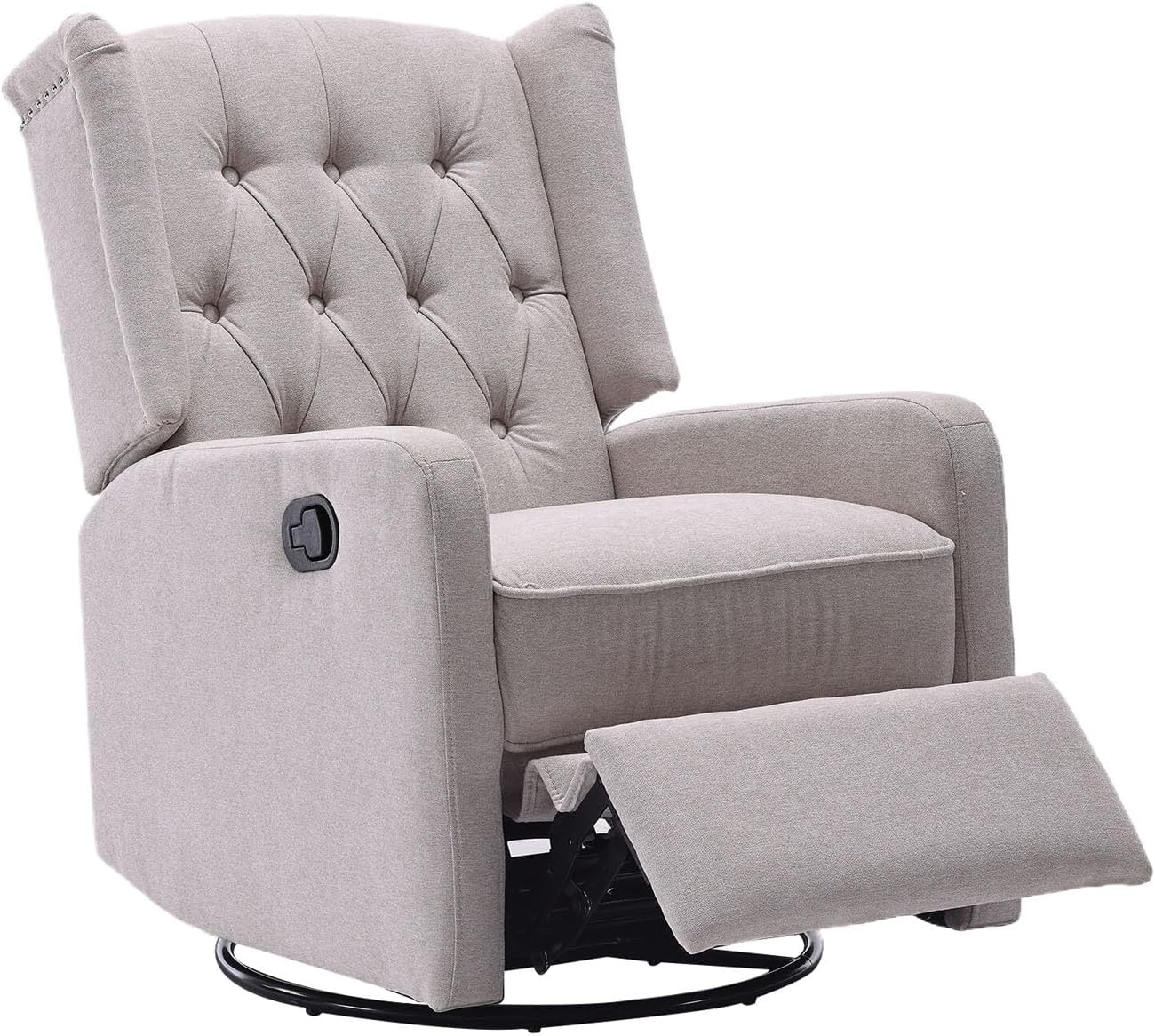HRVEOCEI Glider Recliner Nursery Chair, Cozy Linen Rocking Chair Nursery Recliner with Adjustable Button Backrest and Footrest, Swivel Recliner Chair for Living Room, Bedroom, Office (Beige)