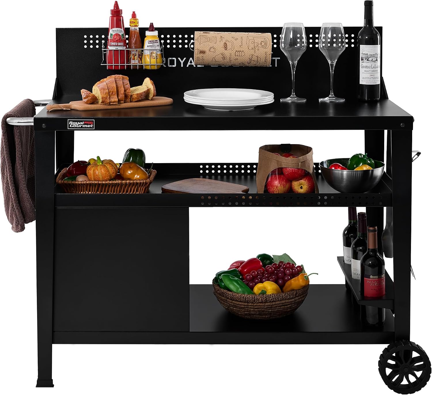 Royal Gourmet PC4401B 3-Tier Dining Cart with Wind Guard, Sturdy Structure and Ample Storage Shelves, for Indoor & Outdoor use，with Bottle Opener, Hooks, Wine Rack, Multifunctional Side Handle, Black