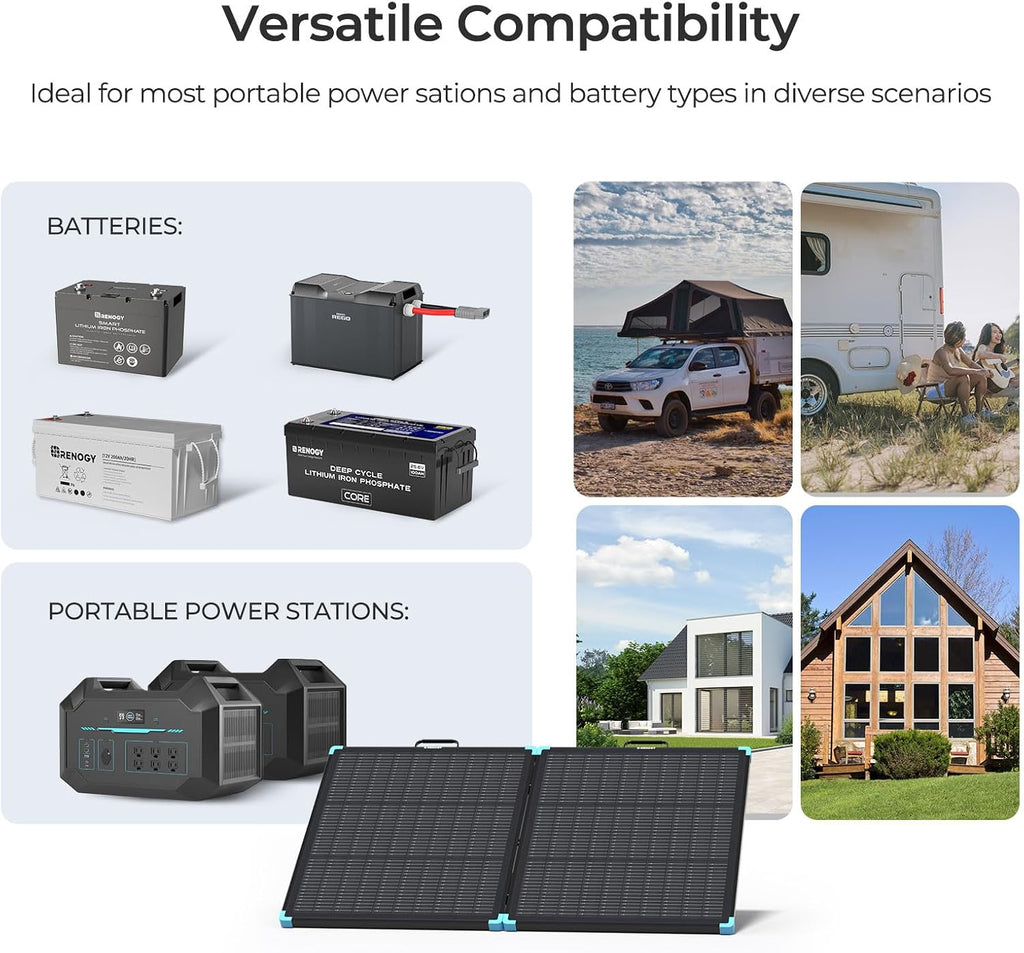 RENOGY REGO 100W Portable Solar Panel, Renogy Solar Panels Lightweight and Durable, 25% High Efficiency, 100 Watt Foldable Solar Panel Charger for Power Station, RV, Camping, Off-Grid, Home Backup