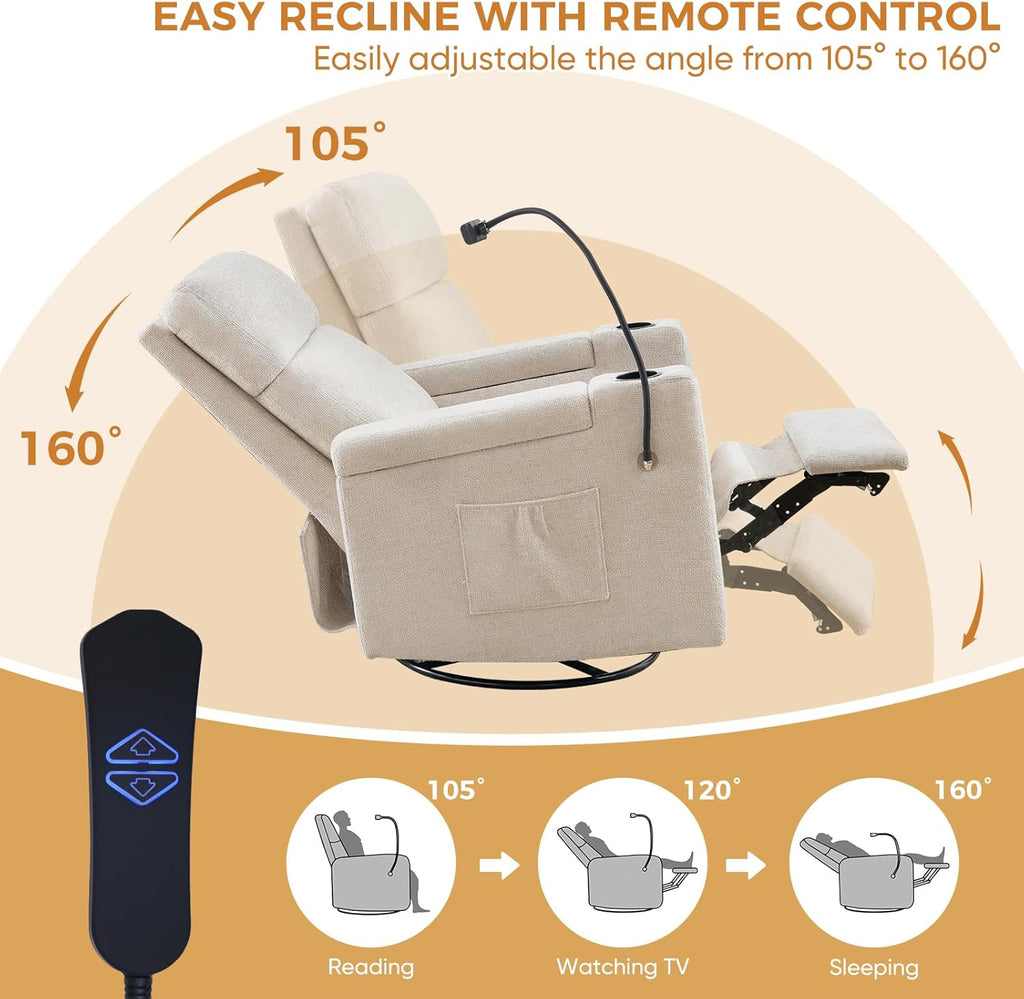Power Swivel Glider Rocking Chair Nursery, Skin-Friendly Premium Chenille Electric Glider Rocker Recliner Chair with Armrest Storage, USB A&C Ports, Cup Holder, Phone Holder, Chenille Beige