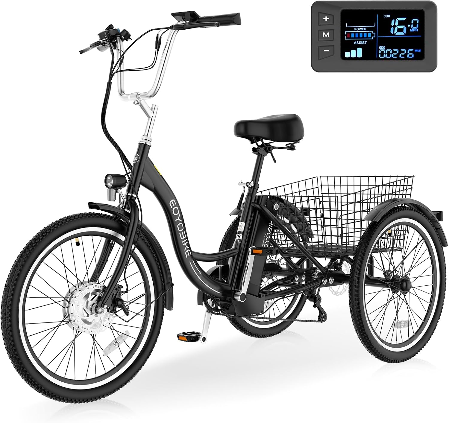 Electric Tricycle for Adults Seniors, 24/26 Inch 3 Wheel E-Trike, 350W Motor (700W Peak), Removable 36V Battery, Up to 15.5MPH, 25-60Mile Range, Low Step-Through, Rear Basket, 350lbs Capacity, 7 Speed