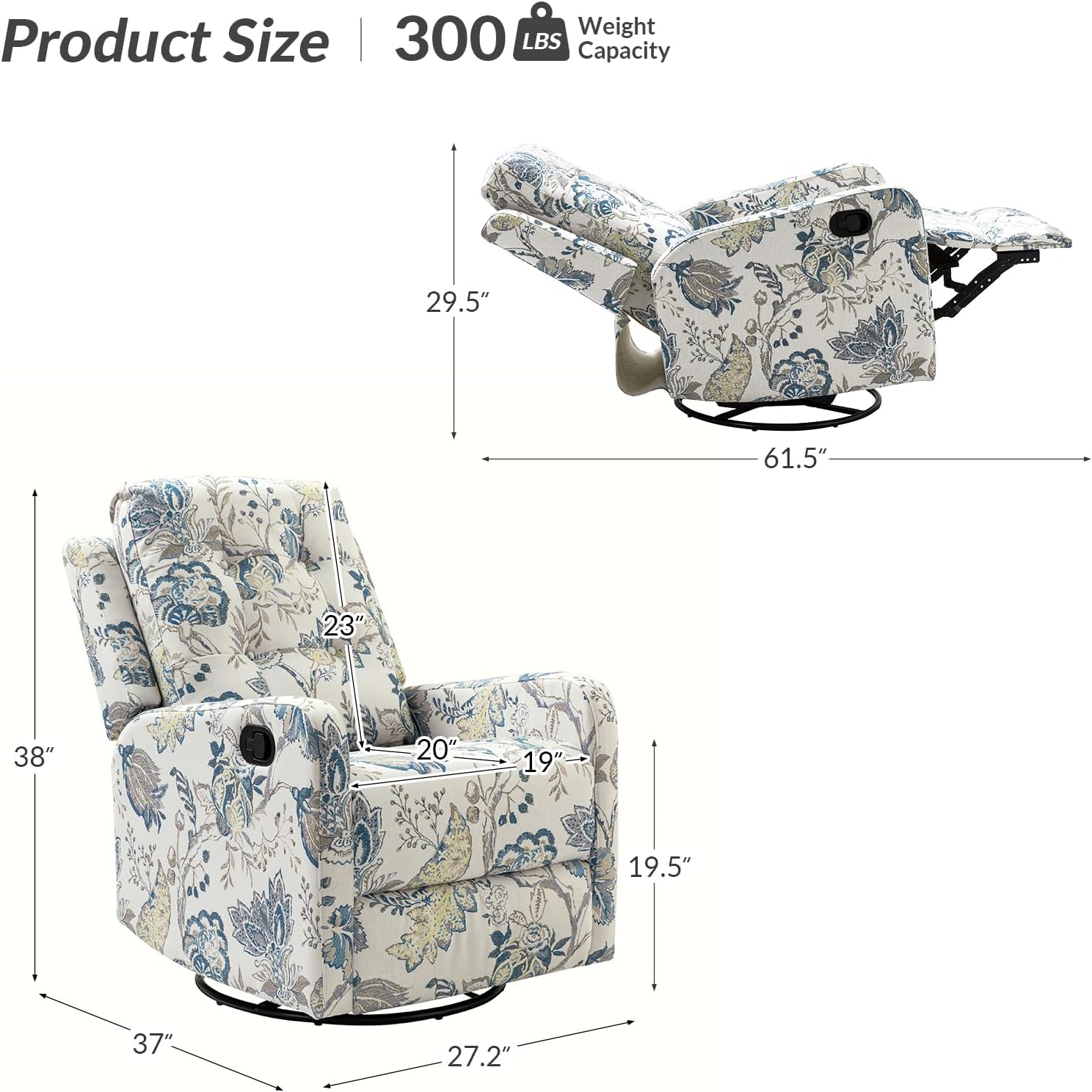 HULALA Home Recliner Chair Modern Printed Fabric for Living Room, Wingback Rocker Recliner Sofa Comfy Armchair 360 Degree Swivel, Nursery Rocking Chairs with Adjustable Backrest & Footrest/Blue
