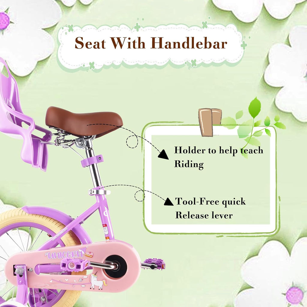 RULLY Kids Bike 12 14 16 inch for 2-7 Years Girls with Training Wheels & Front Handbrake, Kids Bicycle with Basket Bike Streamers Toddler Cycle Bikes