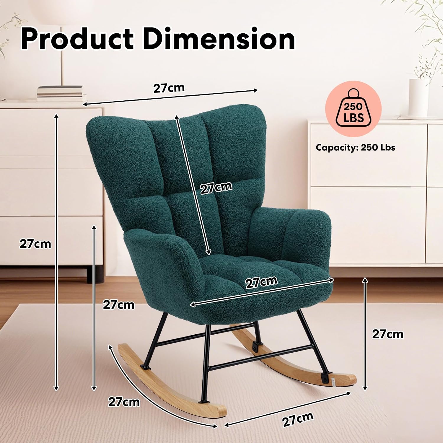 HealSmart Nursery Rocking Chair Teddy - Upholstered Comfy Glider Rocker with High Back Armchair, Cozy Reading Recliner Fluffy Comfortable Chair for Bedroom, Baby Room, Living Room and Study, Green