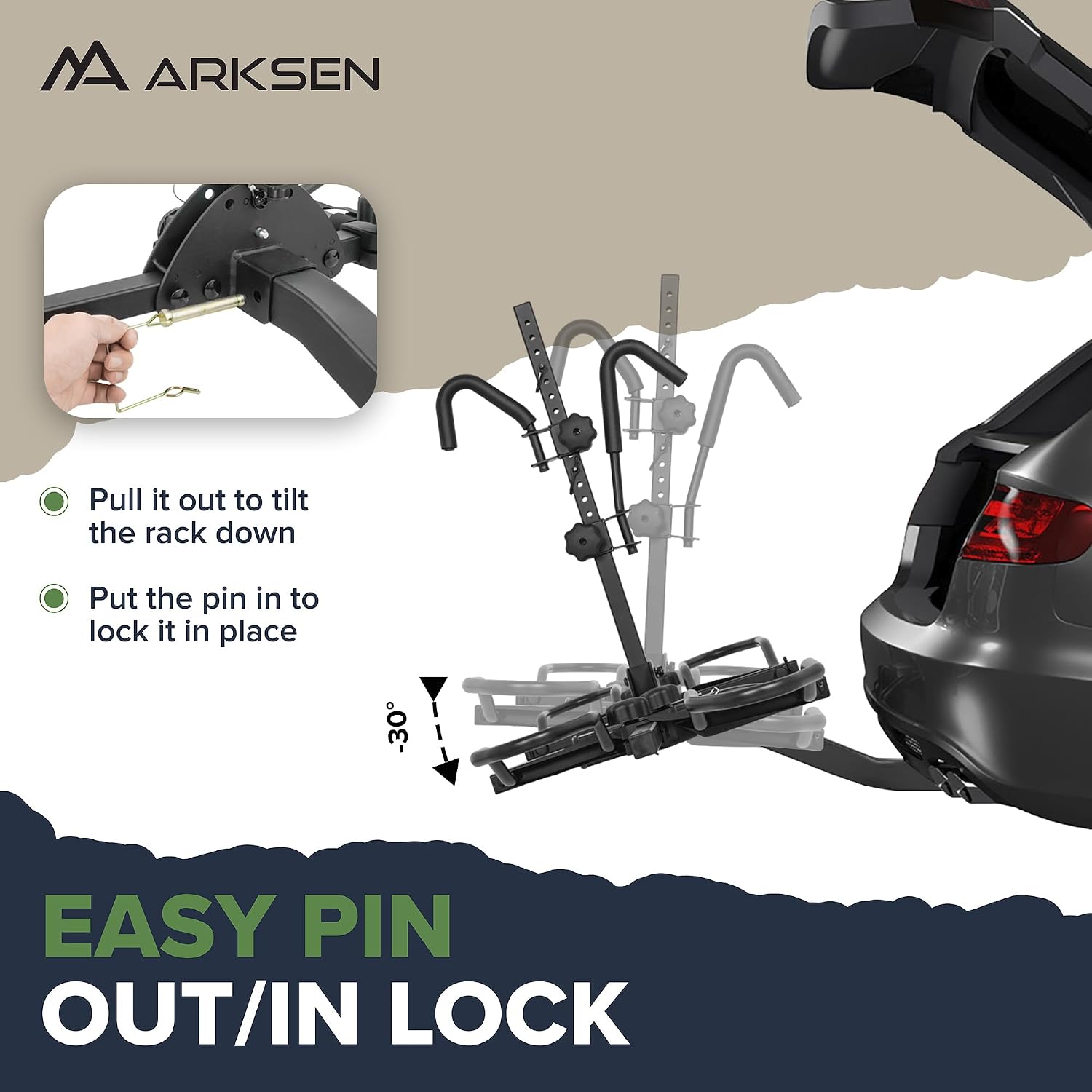 ARKSEN Bike Rack Hitch for Car, 2-Bike Hitch Mount Platform Rack,Holds Electric & Fat Tire Bikes up to 75 lbs Each (150 lbs Total), Fits 2' Receiver, Smart Tilt for SUV, Pickup, RV & Camper