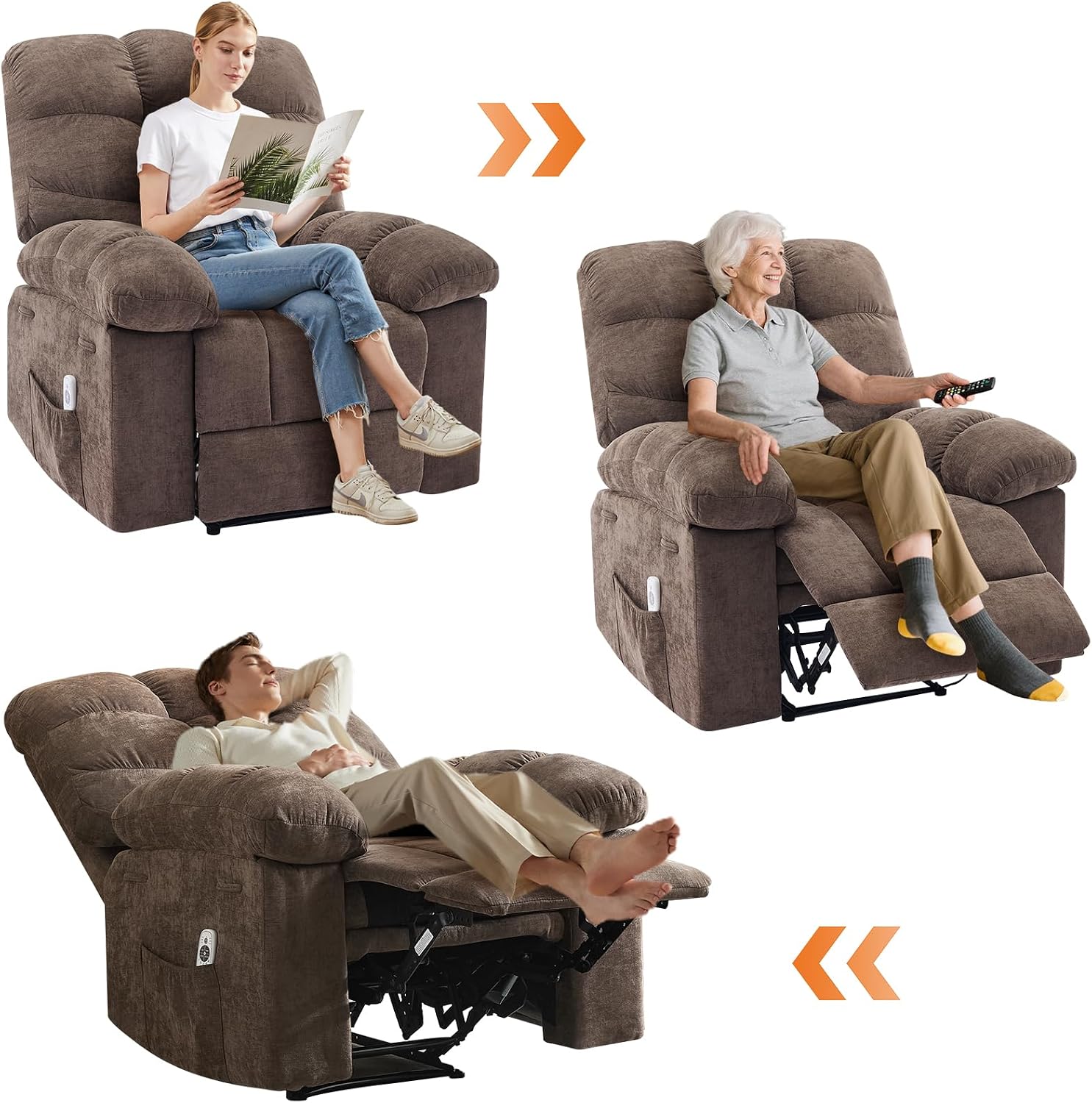 Recliner Rocking Chair with Massage & Heat, Wide Overstuffed Fabric Recliner with Breathable Upholstery, Ergonomic Design, 2 Side Pockets & Remote Control for Living Room or Bedroom (Darkbrown)