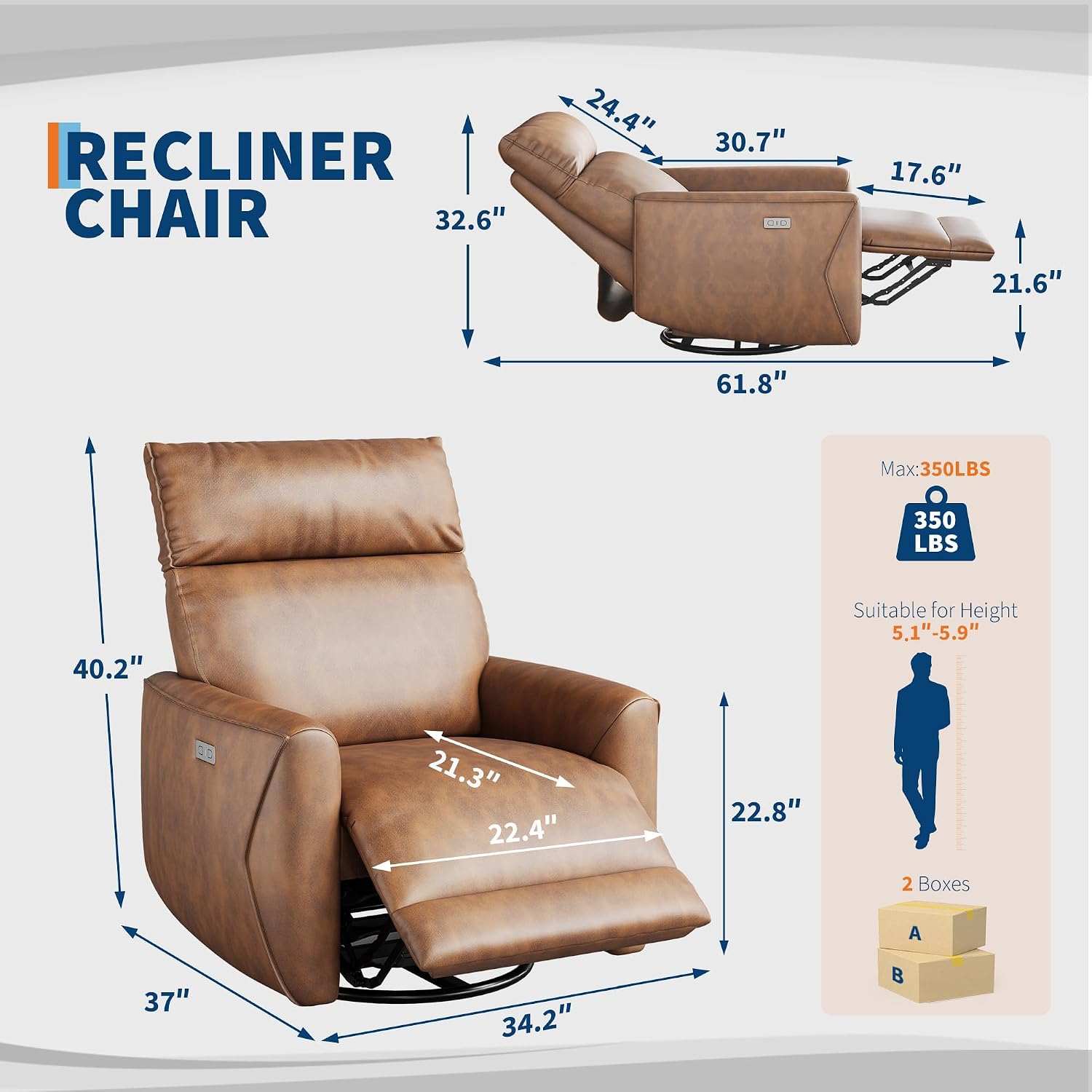 Power Recliner Chair, 270° Swivel Glider with USB Charging Port, Large PU Leather Seat, Wide 22.4', Ergonomic High Back for Living Room, Nursery (Power Walnut)